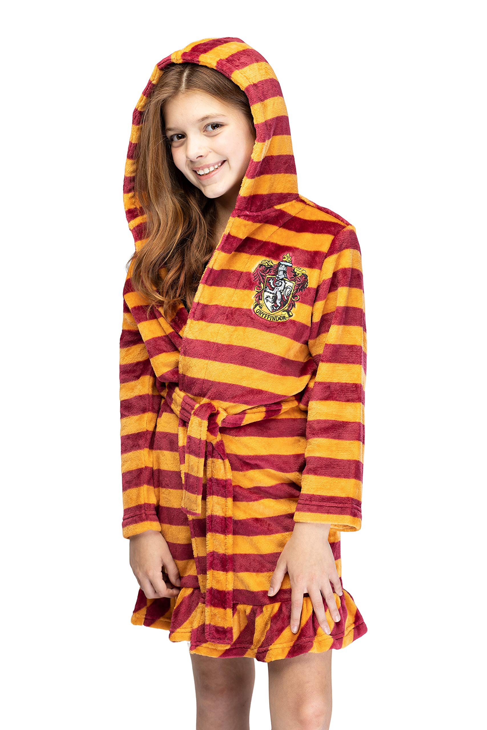 Harry Potter Girls' Striped Ruffle Plush Fleece Robe - Gryffindor, Hufflepuff, Slytherin, Ravenclaw House Styles - Cozy Winter Loungewear & Halloween Costume for Kids & Teens