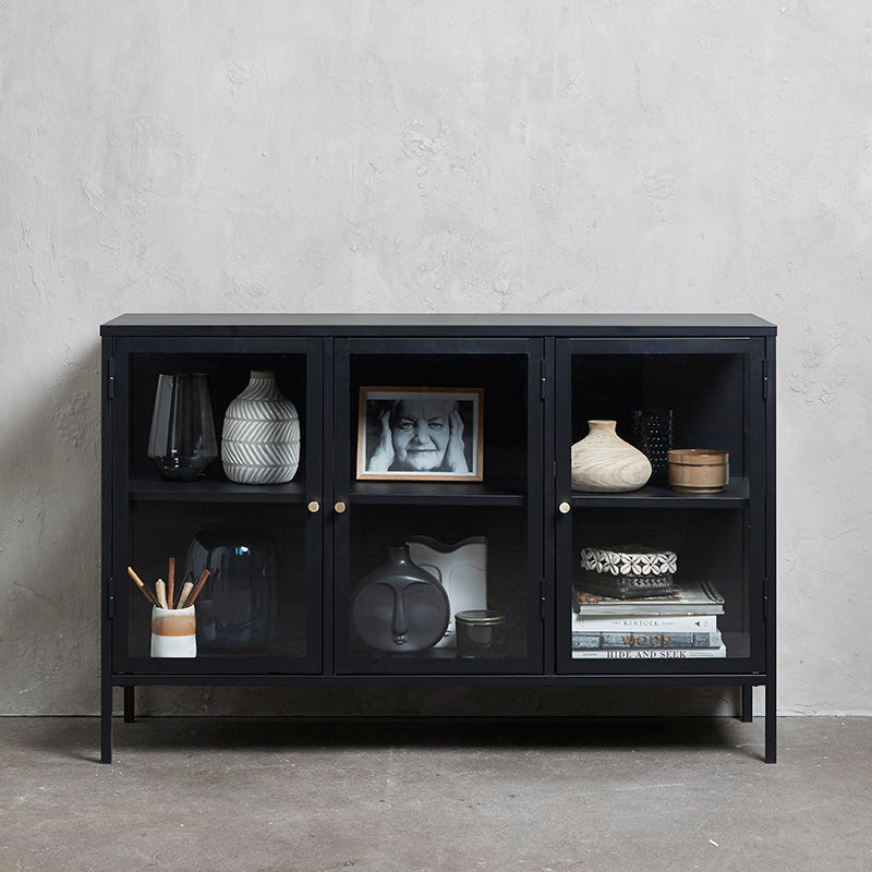 Modern CARMEL 3-Glass Door Sideboard Buffet Cabinet 132cm Black - Perfect for Dining Room Storage, Living Room Display & Home Organization