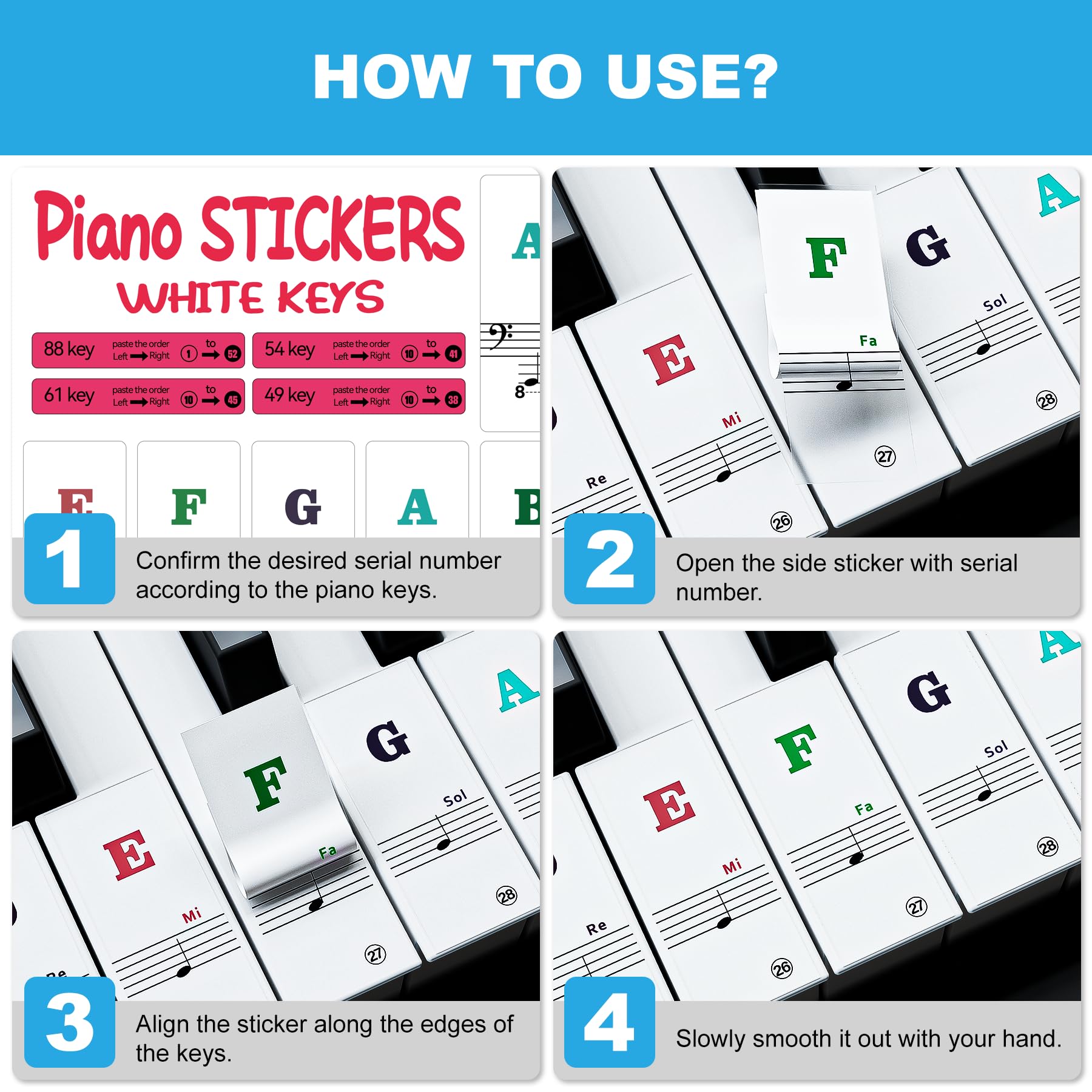 **88/61/54/49/37 Key Piano Keyboard Stickers - Bold Large Letter Removable Note Labels for Beginners & Kids (Multicolor) - Perfect for Learning Piano at Home or School**