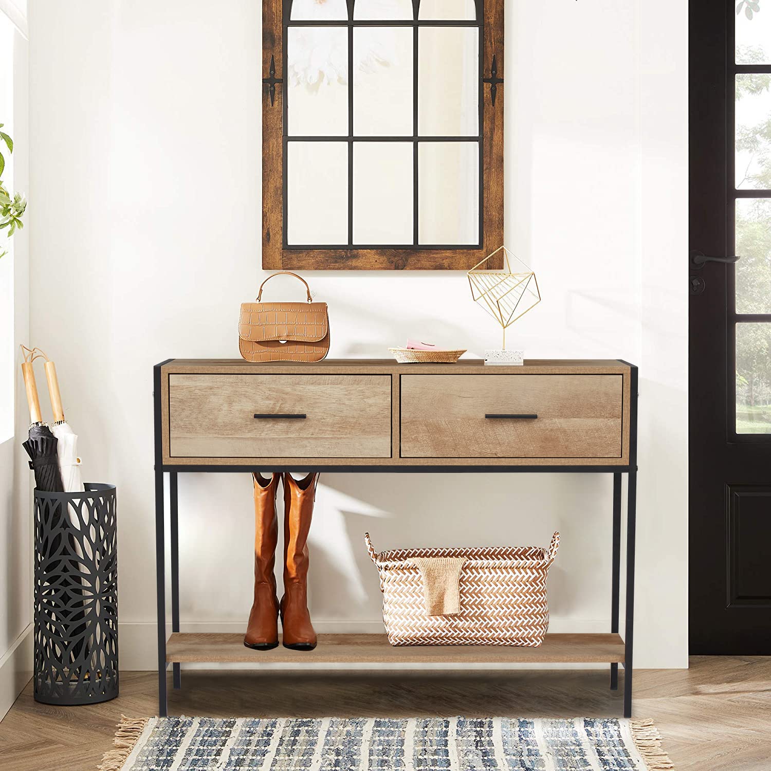 Kinpaw 41-inch Industrial Console Table with 2 Drawers & Open Shelf - Rustic Brown Entryway Table for Hallway, Living Room & Office - Perfect for Small Space Organization & Home Decor