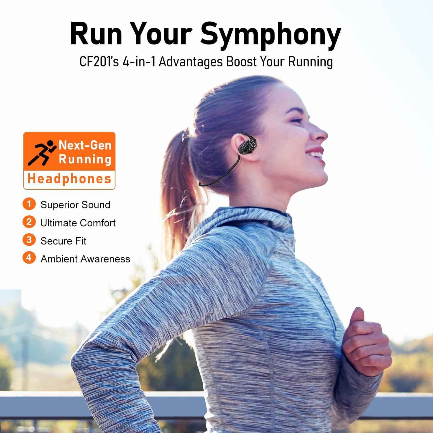 OpenComfy CF201 Wireless Open-Ear Bluetooth Headphones for Running - Superior Sound, Comfortable Secure Fit with Ambient Awareness (Black) - Perfect for Jogging, Gym Workouts & Outdoor Activities