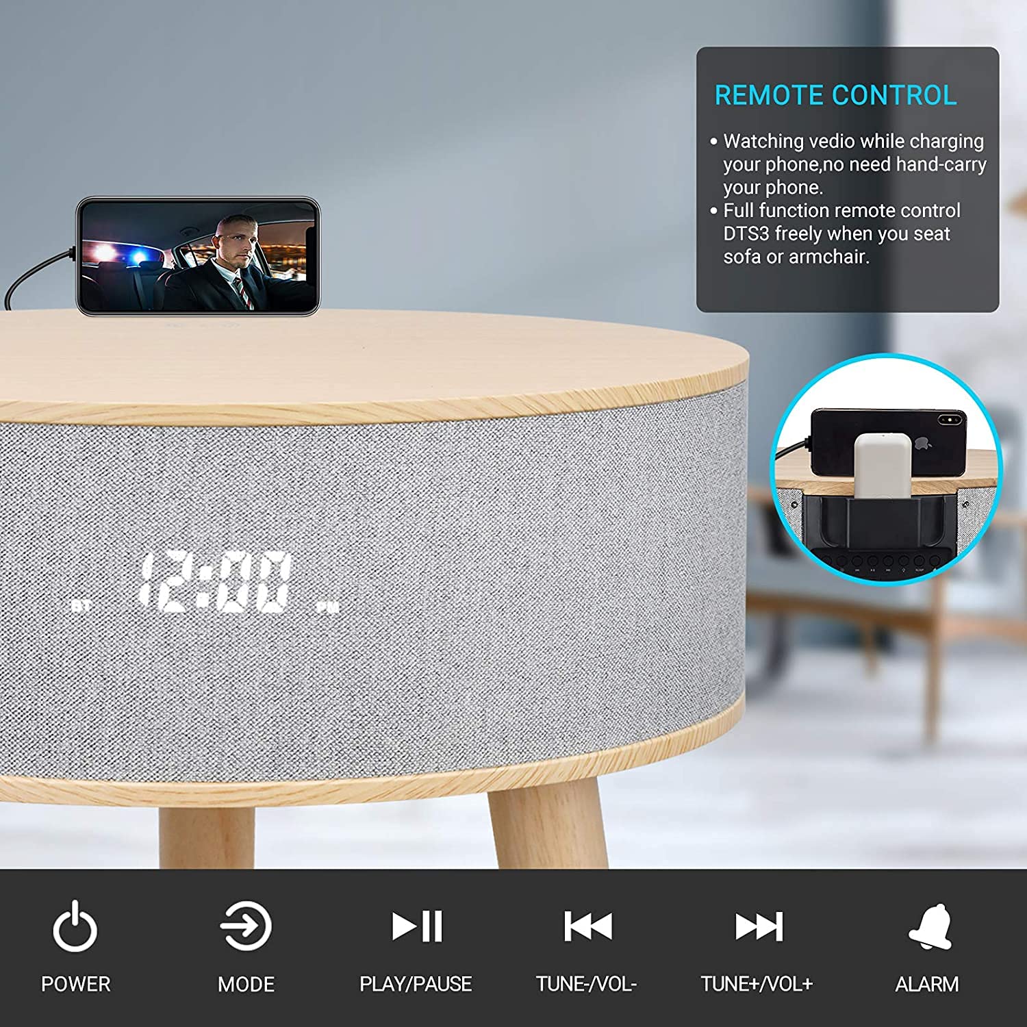 LEMEGA DTS4 Wireless Charging Side Table with Bluetooth Speaker & Night Light - Multi-Functional End Table/Nightstand/Coffee Table for Living Room, Bedroom, Office - White Oak Finish | Perfect for Charging Devices, Playing Music & Ambient Lighting