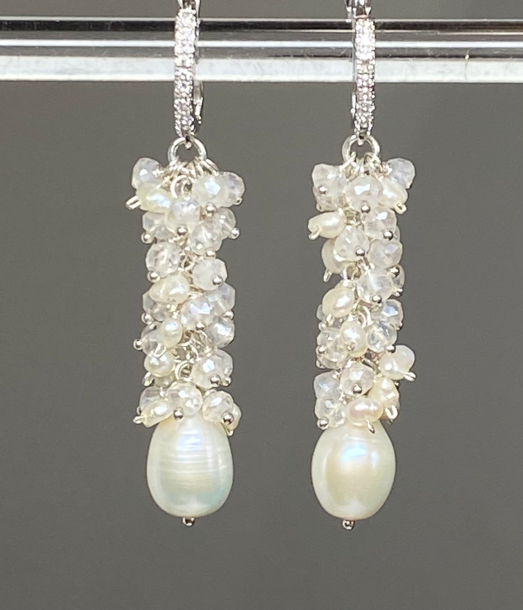 Elegant Long Mystic Quartz & Pearl Dangle Earrings with Diamond Accents - Perfect for Weddings, Parties & Special Occasions
