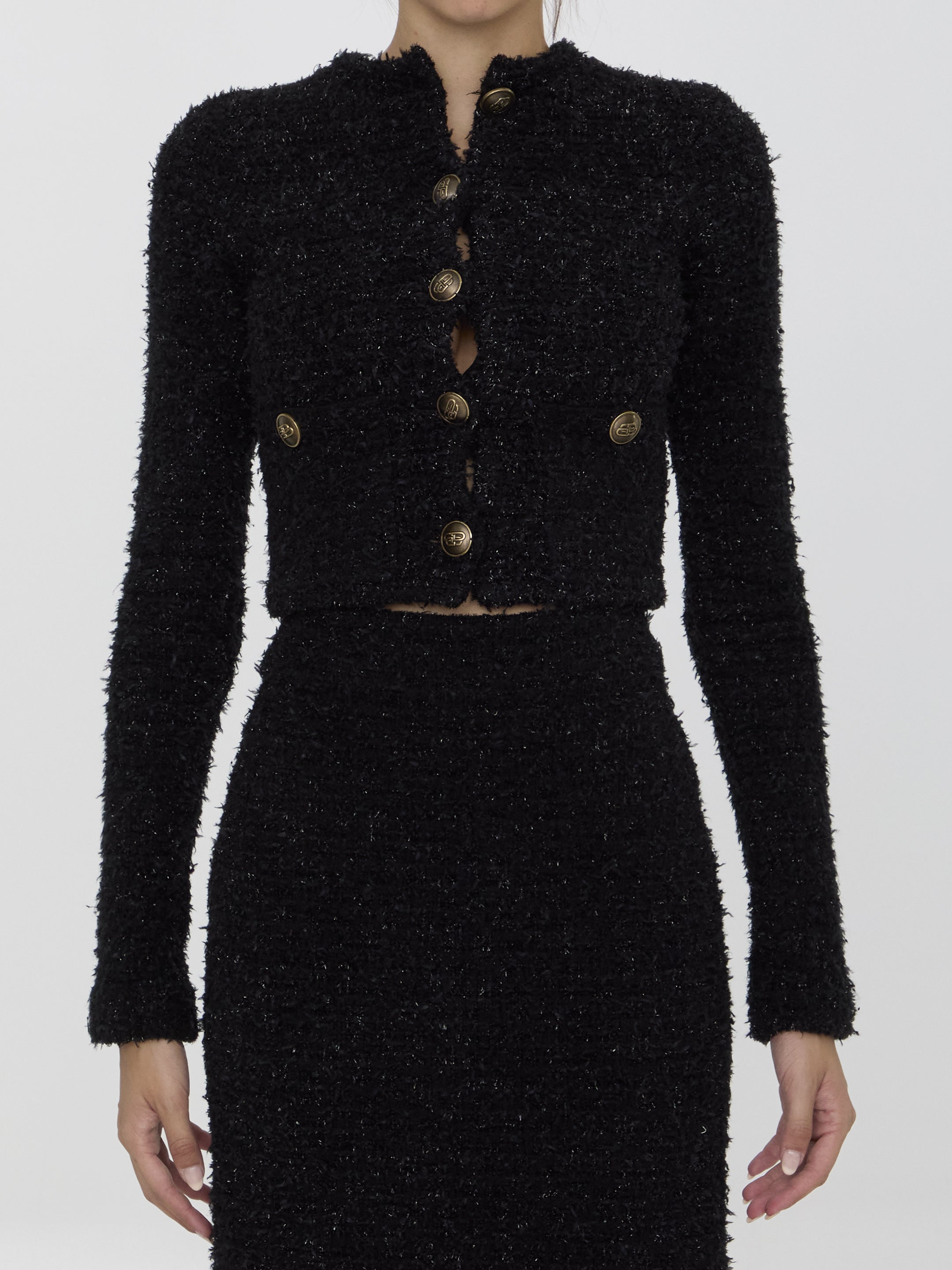 Balenciaga Women's Cropped Tweed Cardigan Sweater - Elegant Knit Top for Casual Outfits & Office Wear
