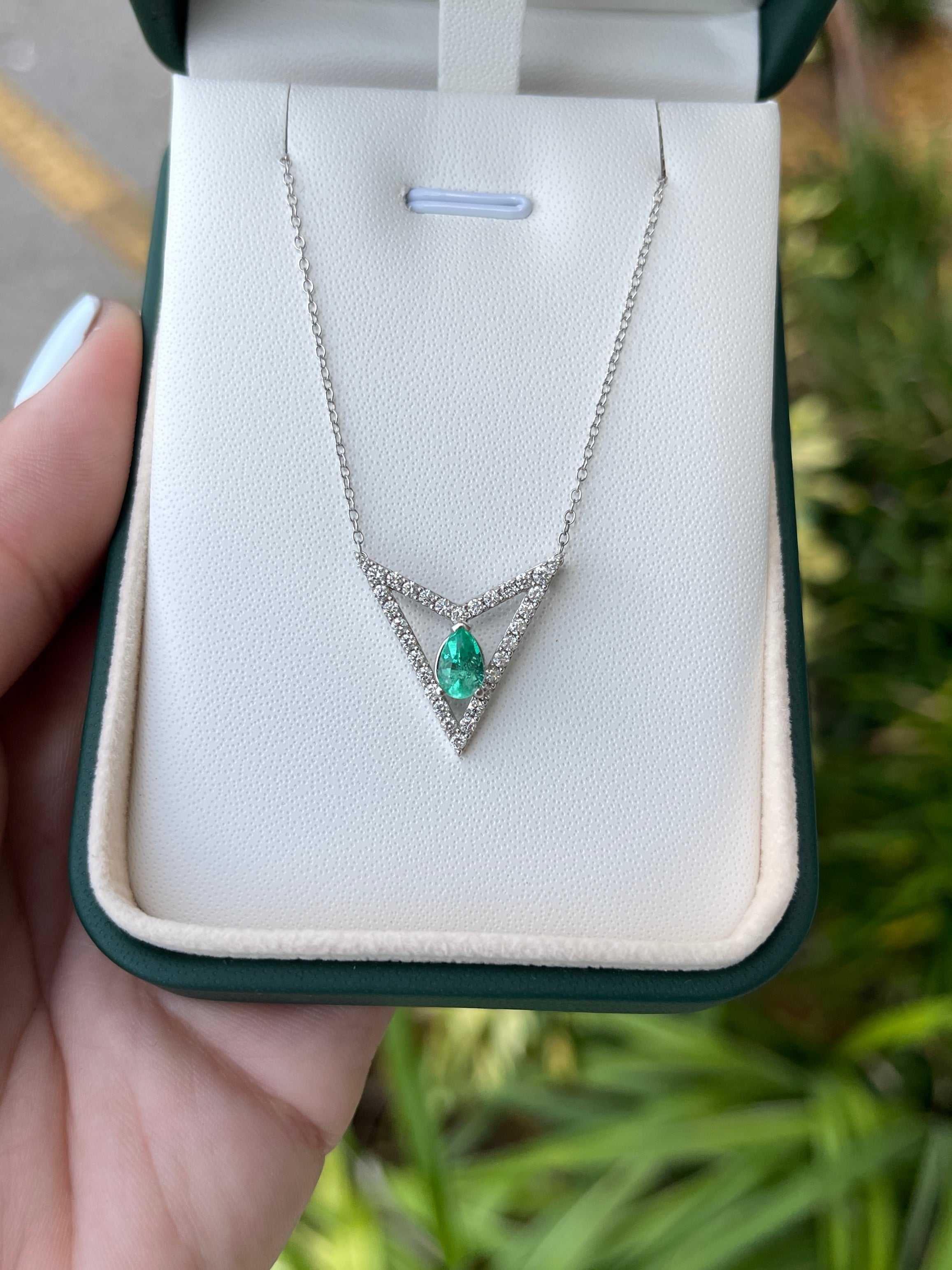 1.80tcw Floating Pear Emerald & VS Diamond Triangle Geometric Necklace in 14K Gold - Elegant Jewelry for Weddings, Parties, and Special Occasions