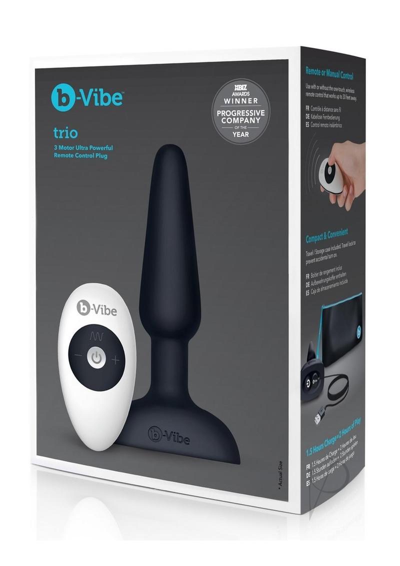 B Vibe Trio Plug Rechargeable Silicone Anal Plug with Remote Control - Black | Waterproof & Body-Safe for Couples Play & Solo Exploration