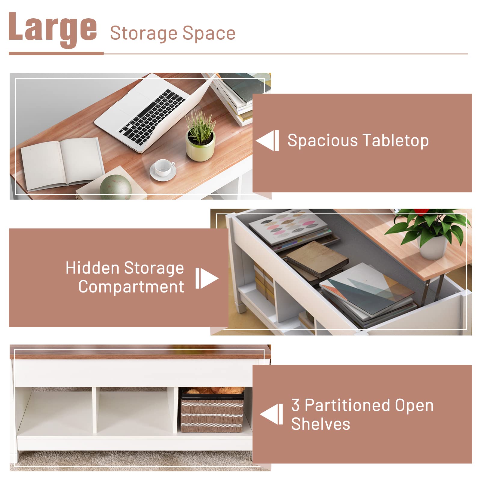 COSTWAY Lift Top Coffee Table with Hidden Storage & 3 Open Shelves - Solid Wood Legs Rectangular Cocktail Table for Living Room, Reception - Perfect for Entertaining Guests & Storing Magazines (White)