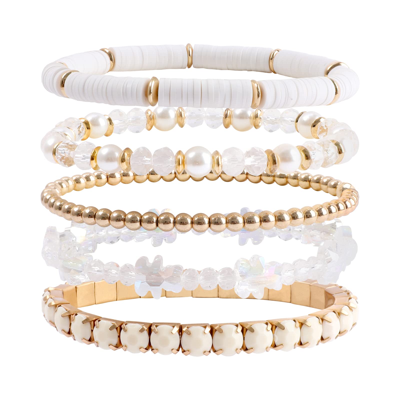 Bohemian Beaded Bracelet Set for Women - White, Pink, Gray & Black Clay Bead Bracelets | Stackable Multi-Layer Crystal Jewelry | Perfect for Boho Fashion, Layered Arm Stacks & Everyday Wear