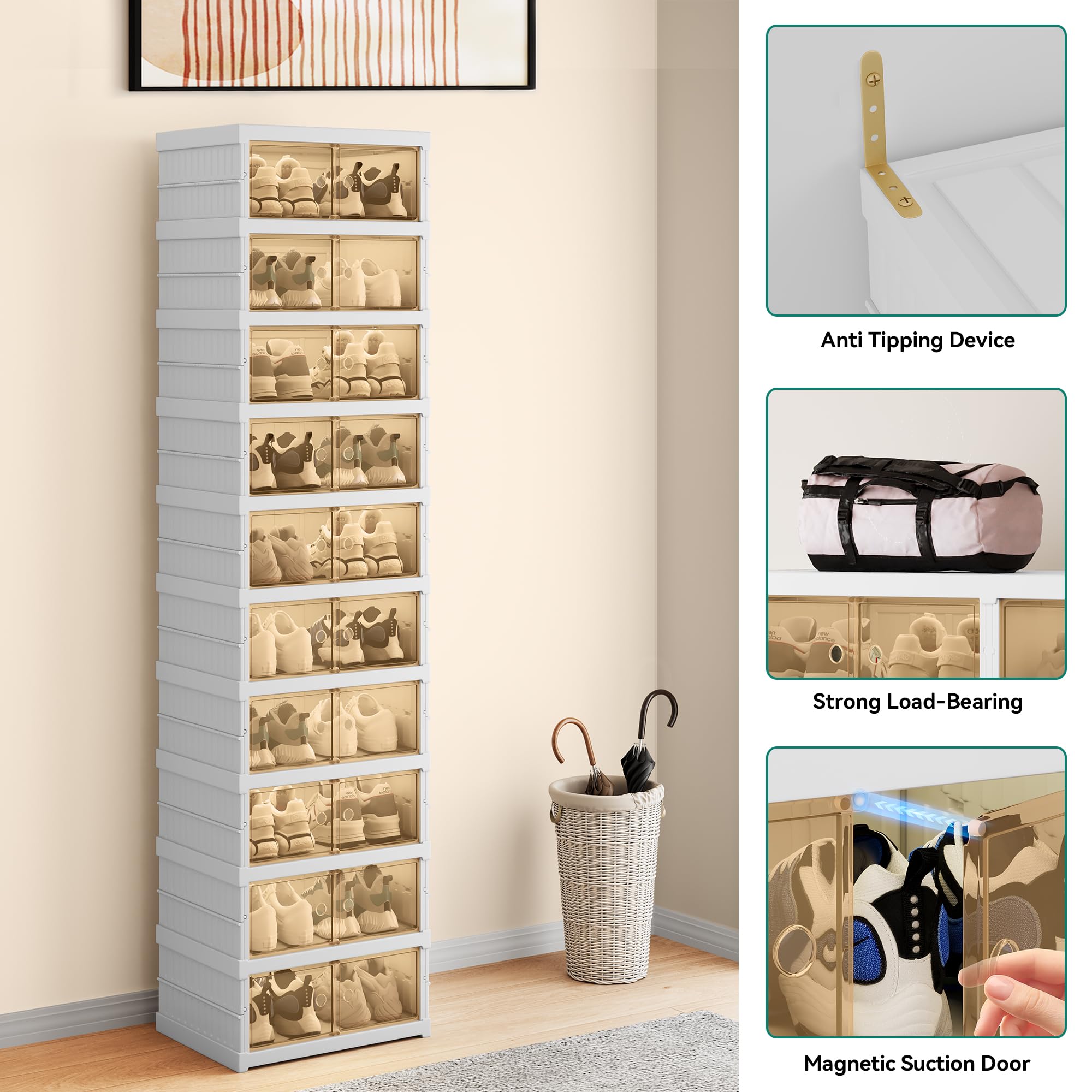 YITAHOME 9-Tier Shoe Organizer with Magnetic Doors - Foldable Shoe Rack for Closet, Entryway, Living Room & Bedroom - Holds 18 Pairs of Shoes - Space-Saving Storage Solution for Sneakers, Boots & Sandals - Perfect for Small Apartments & Organized Homes (White)