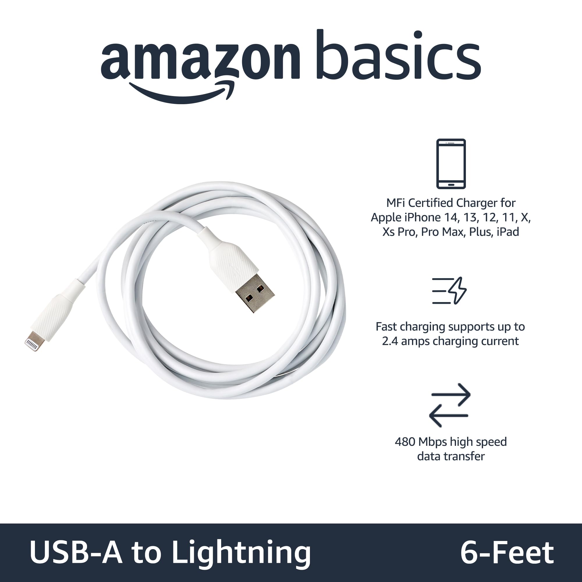 Amazon Basics MFi Certified USB-A to Lightning Cable (6ft, White) - Fast Charging Cord for iPhone 14/13/12/11/X/Xs/Pro/Max/Plus & iPad - Perfect for Home, Office & Travel Charging