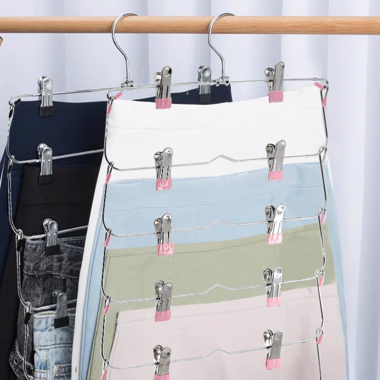 6-Tier Metal Skirt & Pants Hangers with Non-Slip Clips - Space Saving Closet Organizer for Shorts, Skirts & Clothes (Pink, Set of 4) - Perfect for Wardrobe Organization & Small Closet Storage