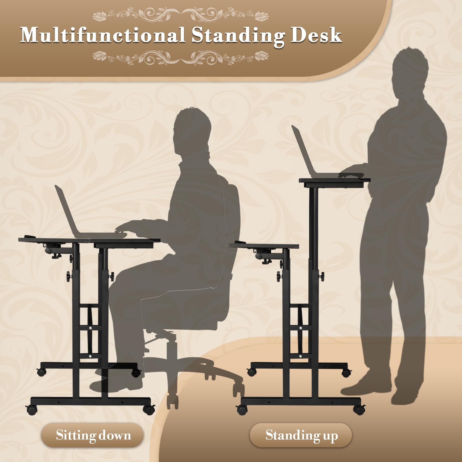 Adjustable Height Rolling Desk - Mobile Portable Laptop Stand Cart with Wheels, Small Sit to Stand Computer Table Workstation for Home Office (Black) | Perfect for Remote Work, Small Spaces & Ergonomic Workspaces