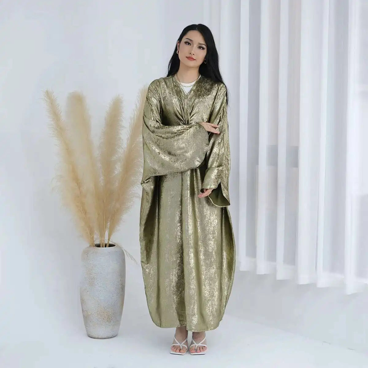 Sparkling Bronzing Farasha Abaya Dress - Elegant Islamic Evening Gown with Rhinestone Embellishments for Women | Perfect for Weddings, Eid Celebrations & Special Occasions