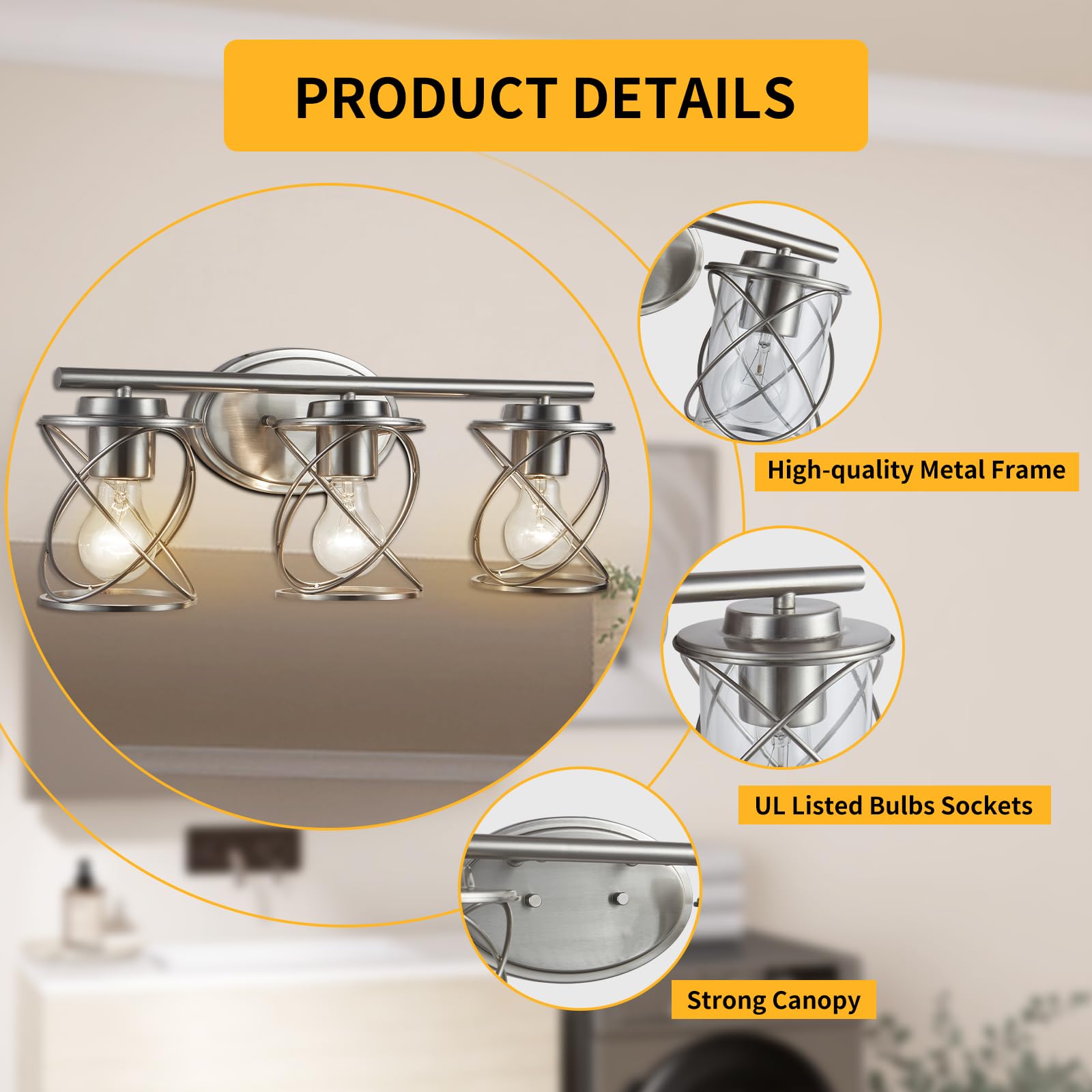 3-Lights Bathroom Vanity Lighting Fixtures - Brushed Nickel Farmhouse Wall Sconce with Clear Glass Shade - Perfect for Mirror Lighting in Bathroom, Kitchen, Bedroom and Dressing Room