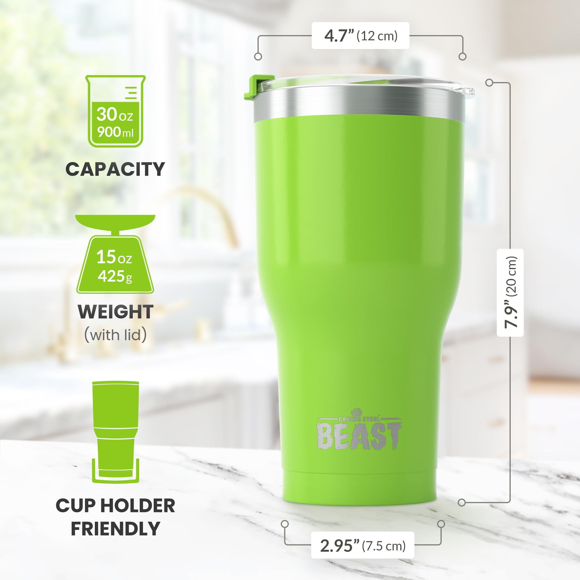 Beast 30 oz Stainless Steel Vacuum Insulated Tumbler - Double Wall Travel Mug for Coffee & Iced Drinks - Lemongrass Green - Perfect for Camping, Office & Gym Use