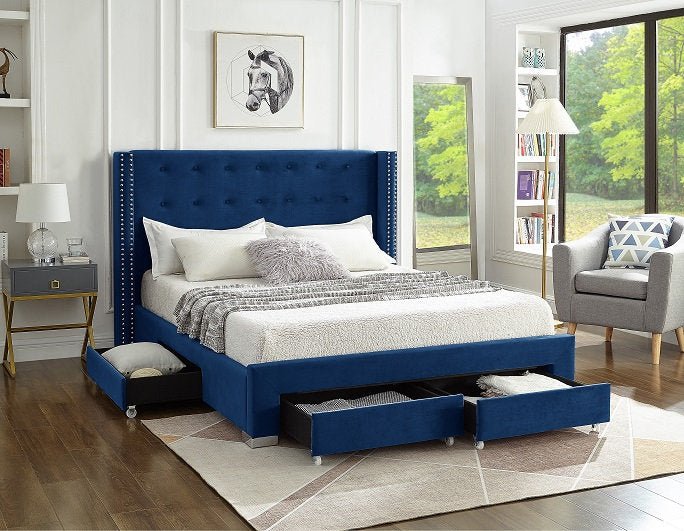 Luxury Blue Velvet Winged Storage Bed with Deep Tufted Headboard & Nailhead Trim - Queen Size Upholstered Platform Bed Frame for Master Bedroom & Guest Room