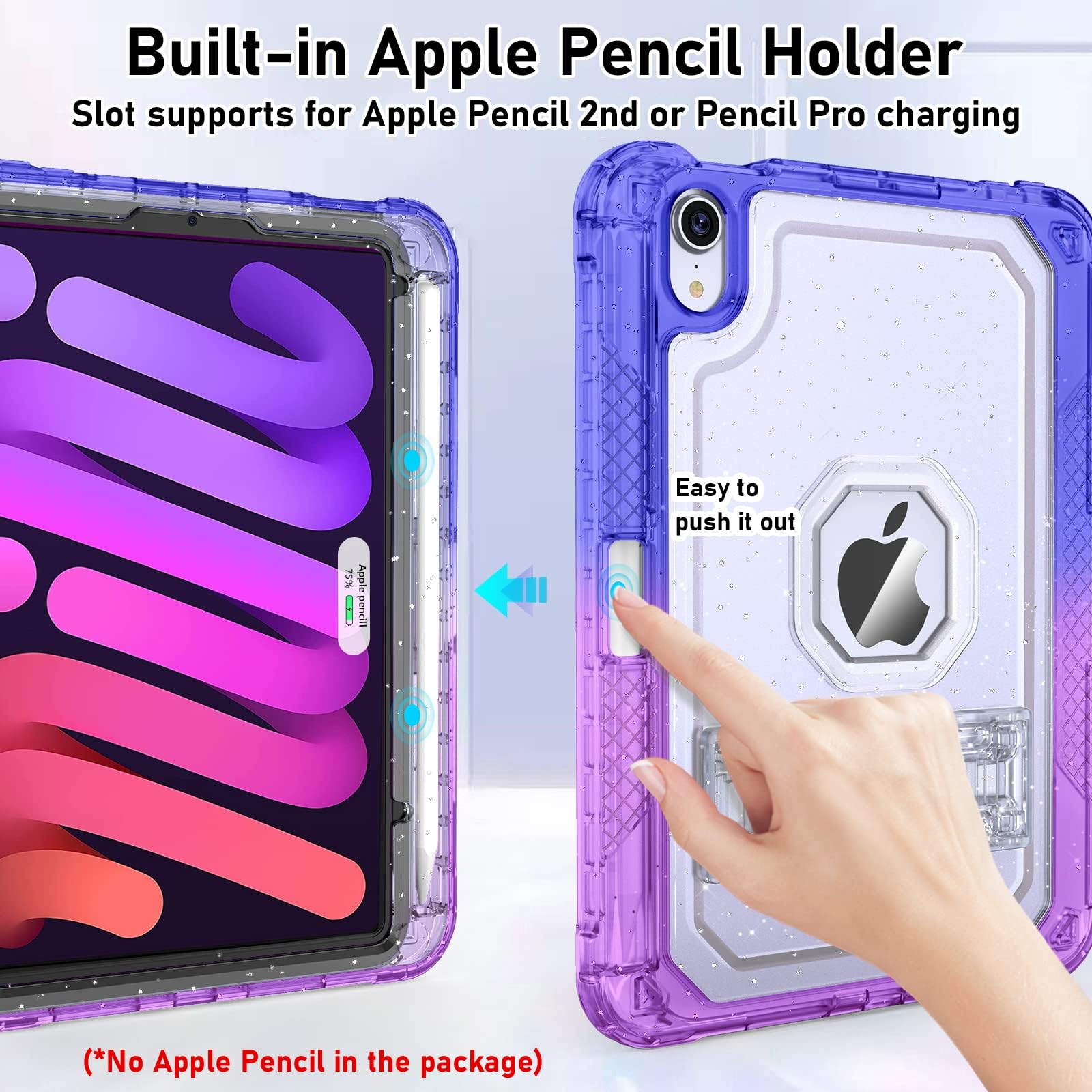 Premium Slim Protective Case for iPad Mini 7th/6th Generation (8.3 inch 2024/2021 Model) - Clear Glitter & Gradient Blue Purple Cover with Built-in Pencil Holder & Stand - Perfect for Work, School, and Travel