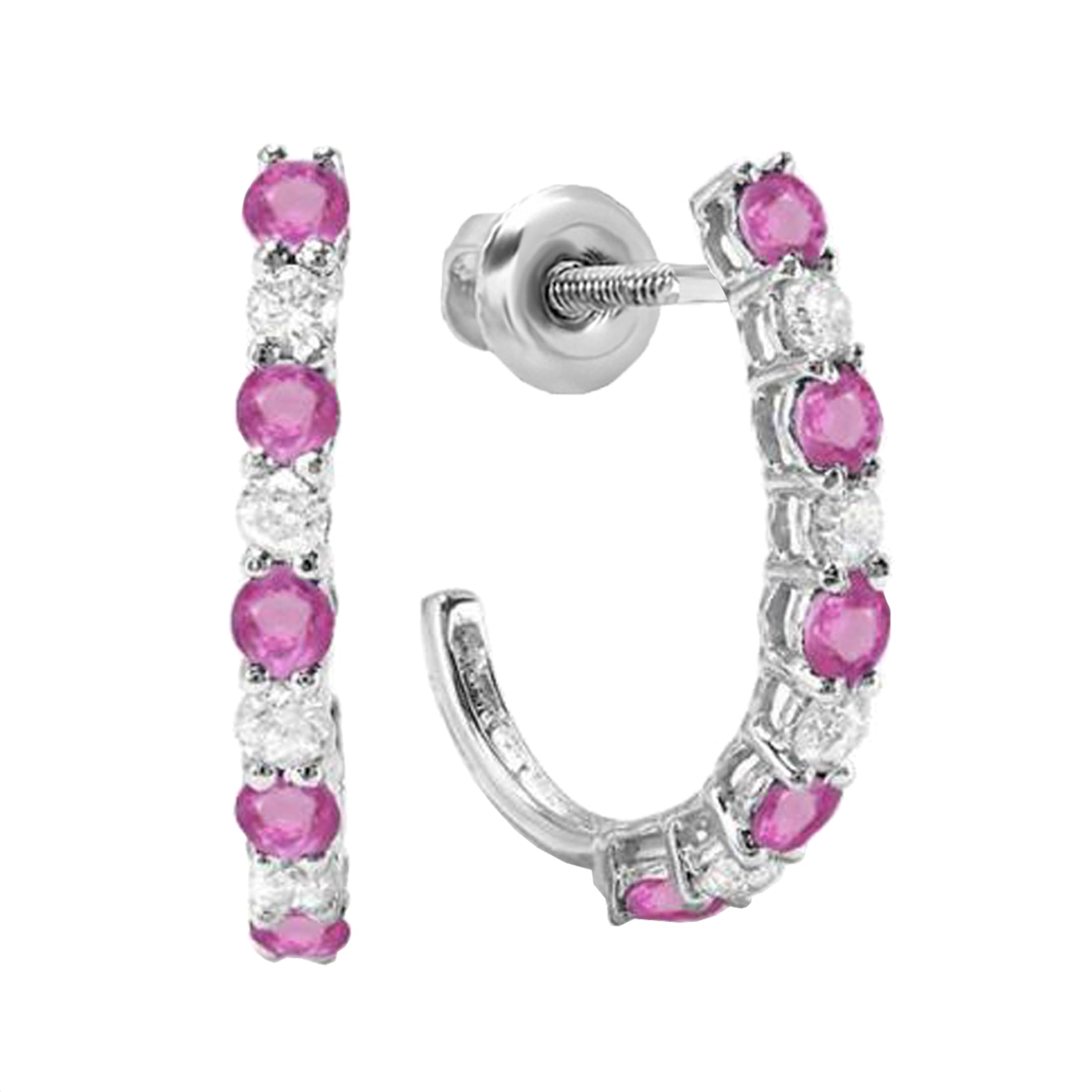 10K Solid White Gold Round Gemstone & Diamond J Hoop Earrings for Women | Elegant Dazzlingrock Collection | Perfect for Parties, Weddings & Everyday Wear