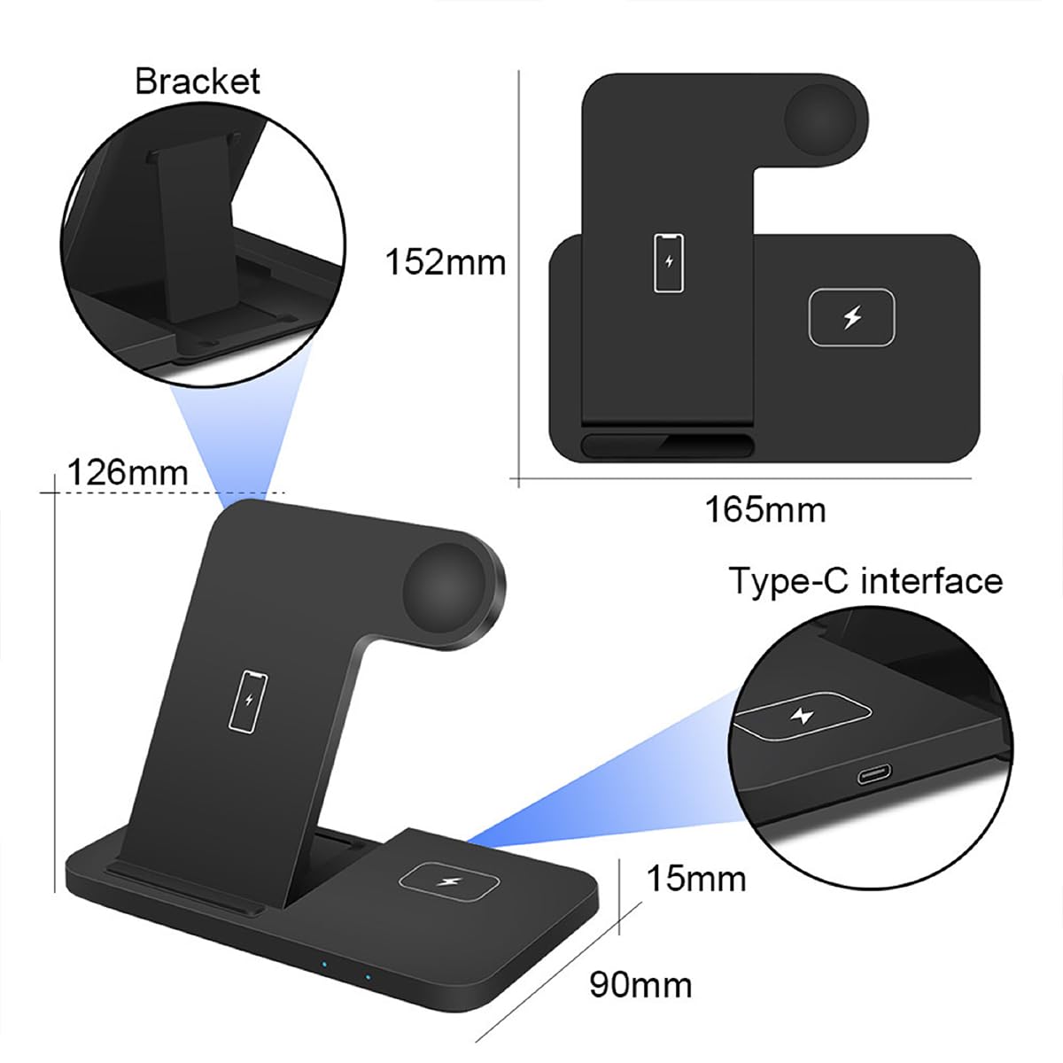 3-in-1 Magsafe Wireless Charging Station - 18W Fast Qi Charger Stand for iPhone 14/13/12, Apple Watch Series 9/8/7, AirPods Pro - Perfect for Bedside, Office & Travel - Black