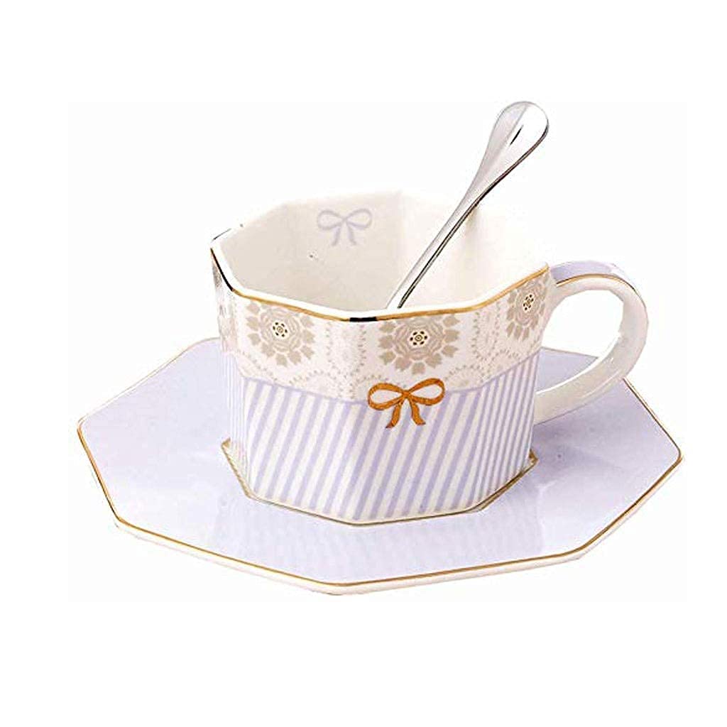 Vacuum Sealed Ceramic Coffee Cup Set - Geometric Purple Striped Tea Cup with Saucer, 3-Piece Star Anise Design for Home, Office & Cafe Use