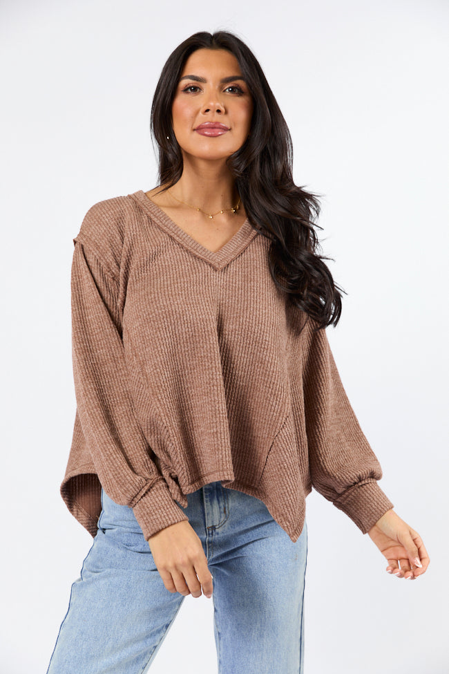 Never Say Never Mocha Ribbed Knit V-Neck Long Sleeve Top for Women | Cozy Fall & Winter Layering Essential | Perfect for Casual Outfits, Office Wear & Date Nights