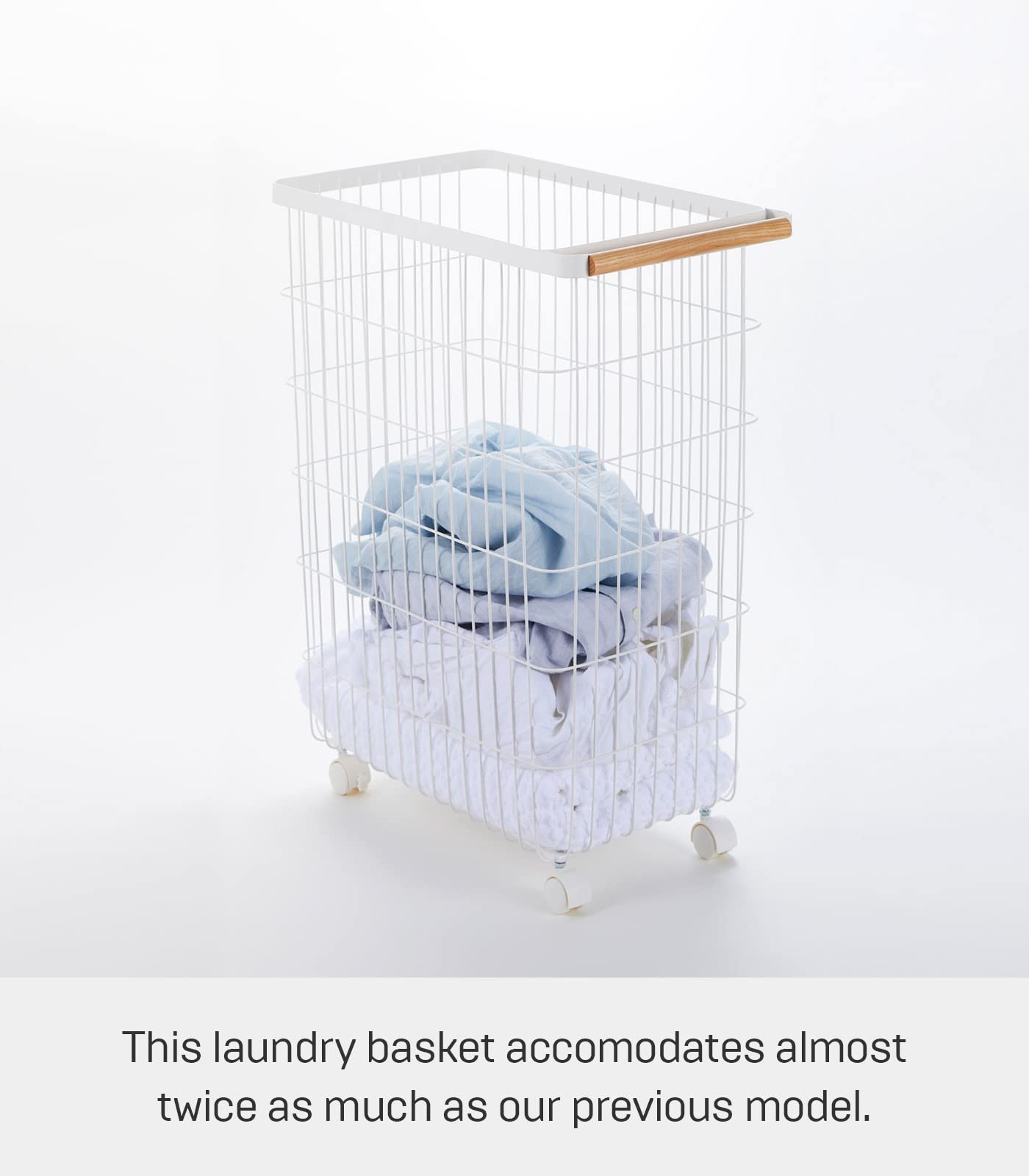 Yamazaki Home Slim Space-Saving Rolling Wire Laundry Hamper with Steel Frame & Wood Accents - White | Compact Clothes Basket for Bedroom, Closet, or Dorm Organization