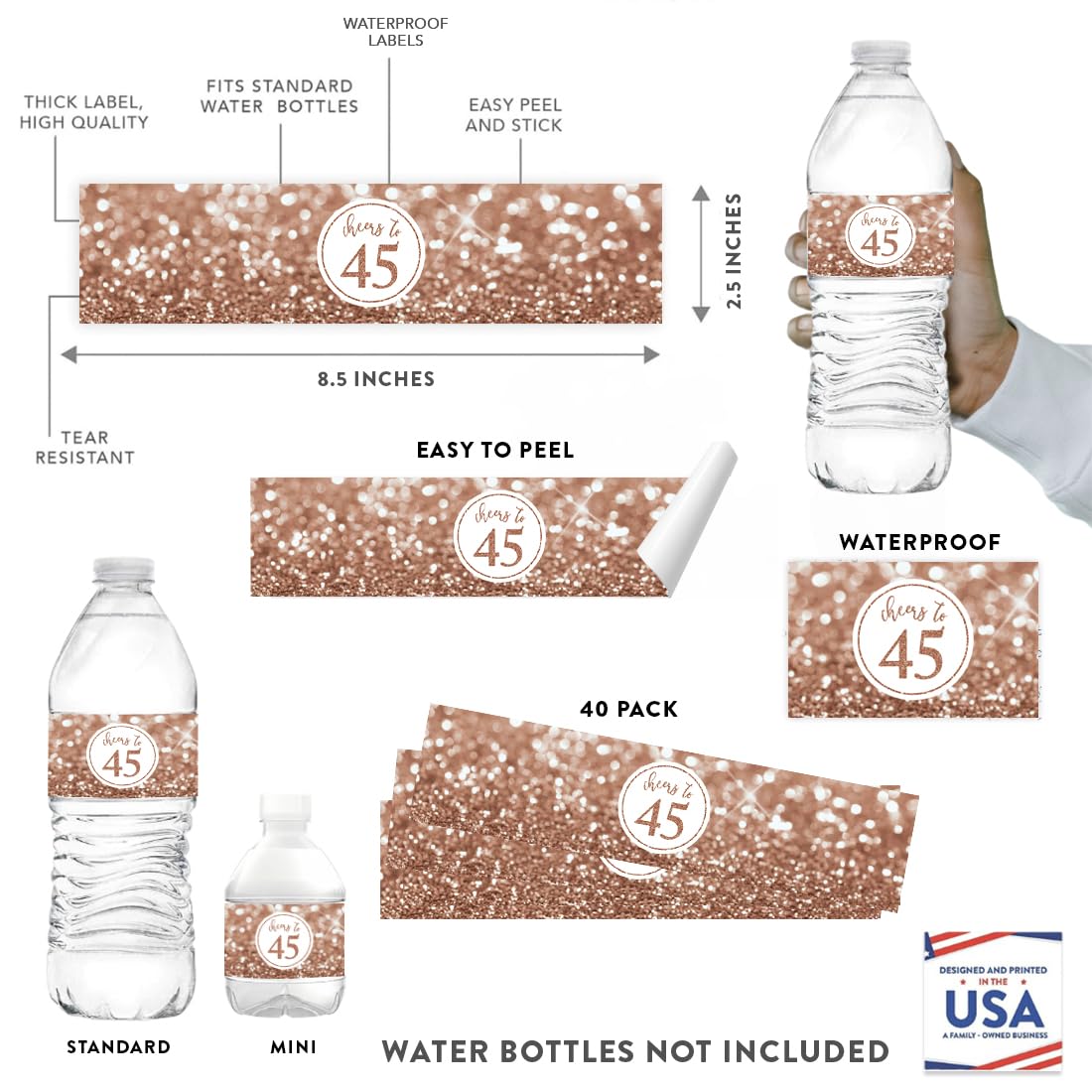 45th Birthday Water Bottle Labels - 20-Pack Glitzy Faux Glitter Rose Gold Stickers for Women's Party Decorations, Anniversary & Celebration Favors - Perfect for Birthday Parties, Bridal Showers & Special Events
