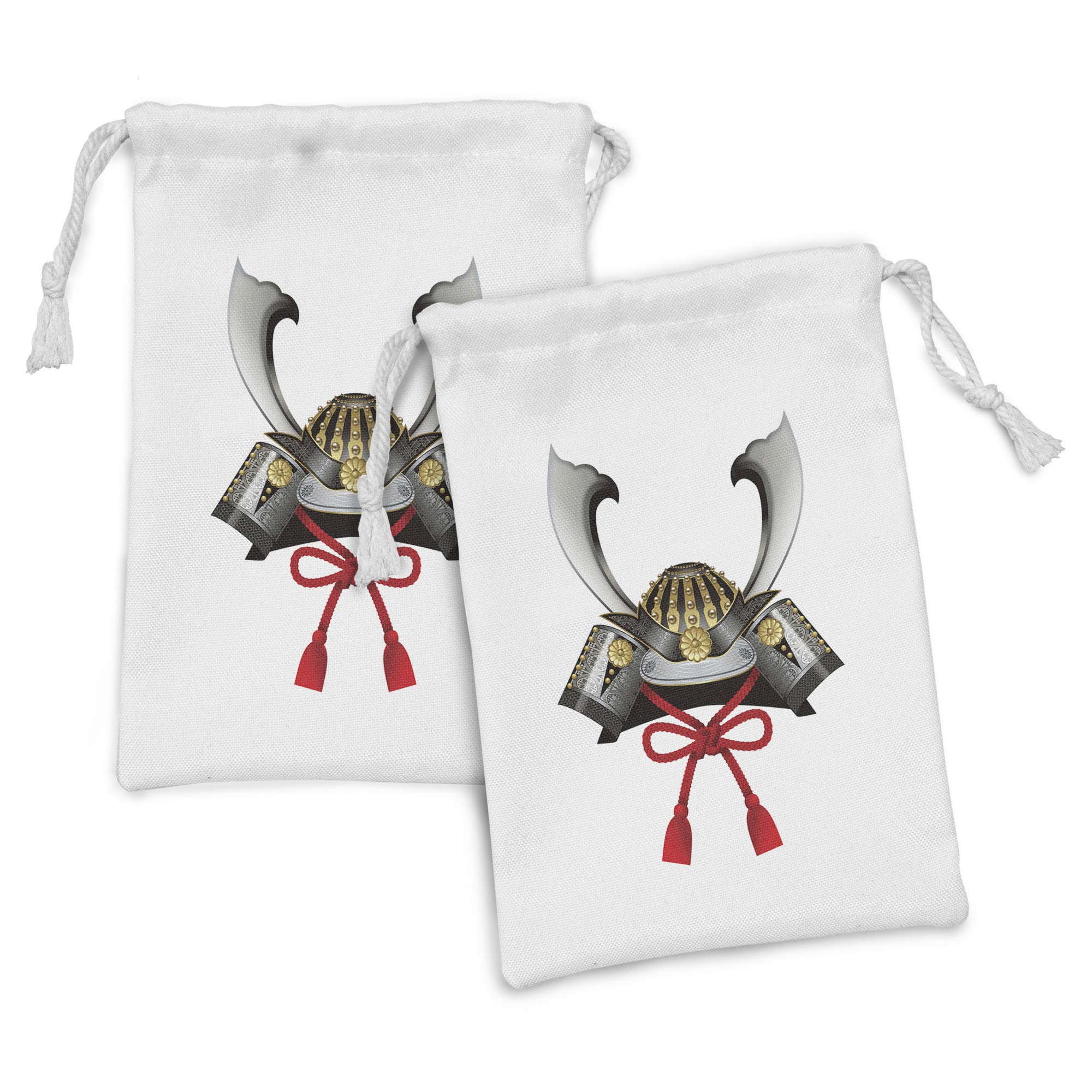 Ambesonne Japanese Fabric Pouch Set of 2 - Classic Kabuto Samurai Helmet Design, Small Drawstring Bags for Toiletries, Makeup, Jewelry & Party Favors (9