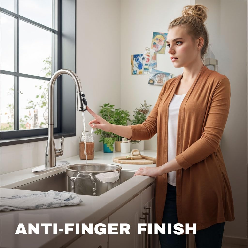 Touchless Kitchen Faucet with Pull Down Sprayer - Brushed Nickel Single Handle Motion Sensor Faucet for Sink, 3-Function (Stream/Spray/Pause) - Fits 1 or 3 Holes, Stainless Steel Construction - Perfect for Modern Kitchens & Busy Home Chefs