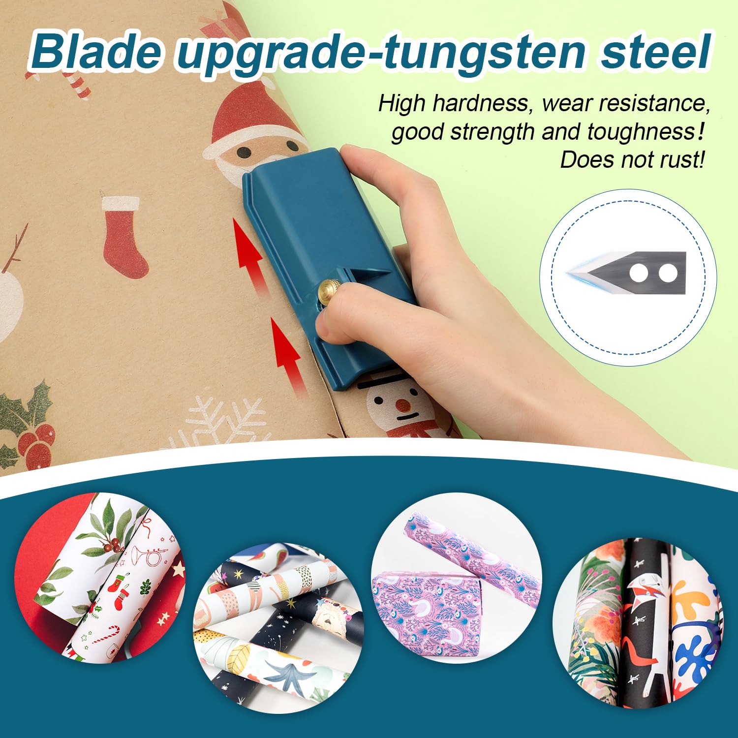 Premium Wrapping Paper Cutter - Upgraded Steel Blade, Sliding & Replaceable Design for Christmas, Birthday Gift Wrapping - Perfect for DIY Crafts, Holiday Gifts & Party Decorations (Blue)