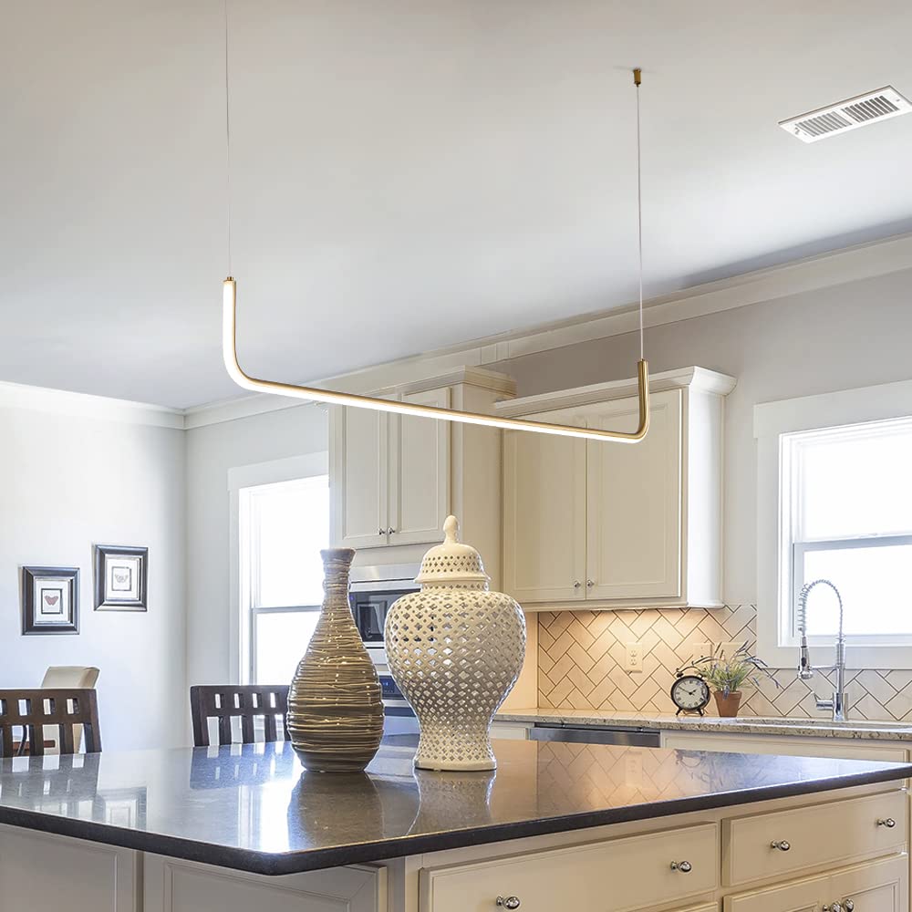 Modern LED Linear Pendant Light Fixtures - Dimmable Island Lighting for Kitchen, Dining Room, Living Room, Bar & Office - Brass Finish | Perfect for Contemporary Home & Commercial Spaces