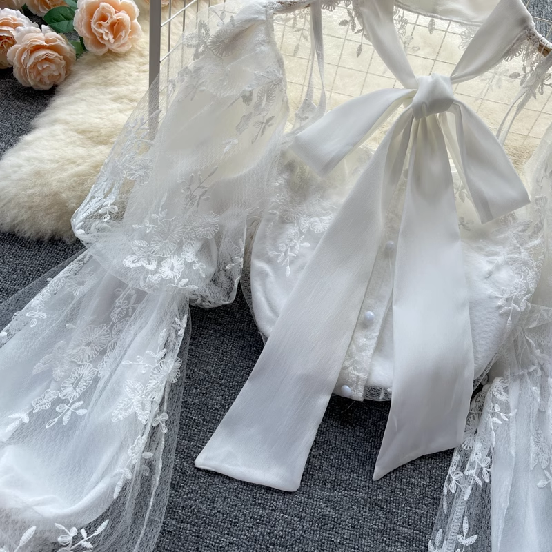 Fairy Bow Tie Puff Sleeve Lace Chiffon Blouse - Mesh Embroidery Hollow Out Top for Women | Perfect for Weddings, Parties & Romantic Dates