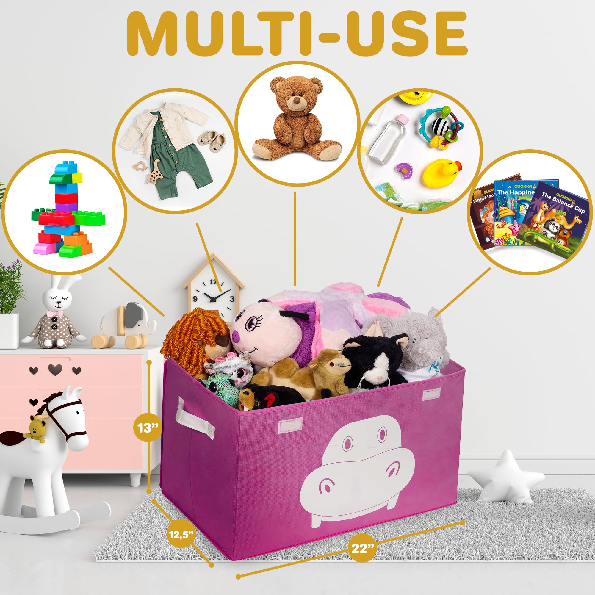 QUOKKA 4-Piece Hippo Toy Storage Box Set for Kids - Foldable Fabric Toy Organizer with Handles & Flip Top Lids (16