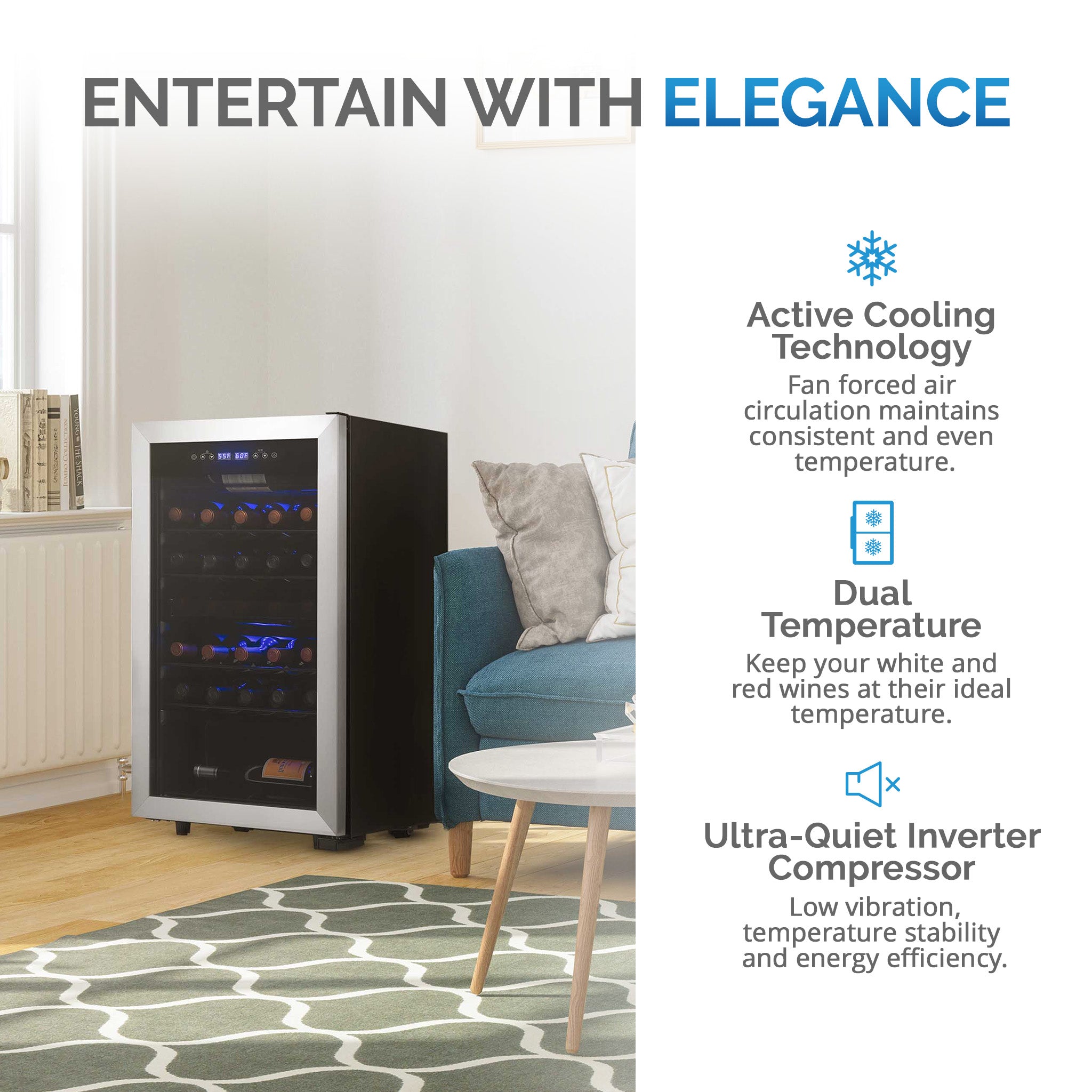 Newair® 28 Bottle 18.9 Inch Stainless Steel Freestanding Dual Zone Wine Cooler Refrigerator - Perfect for Home Bars, Restaurants, and Wine Cellars