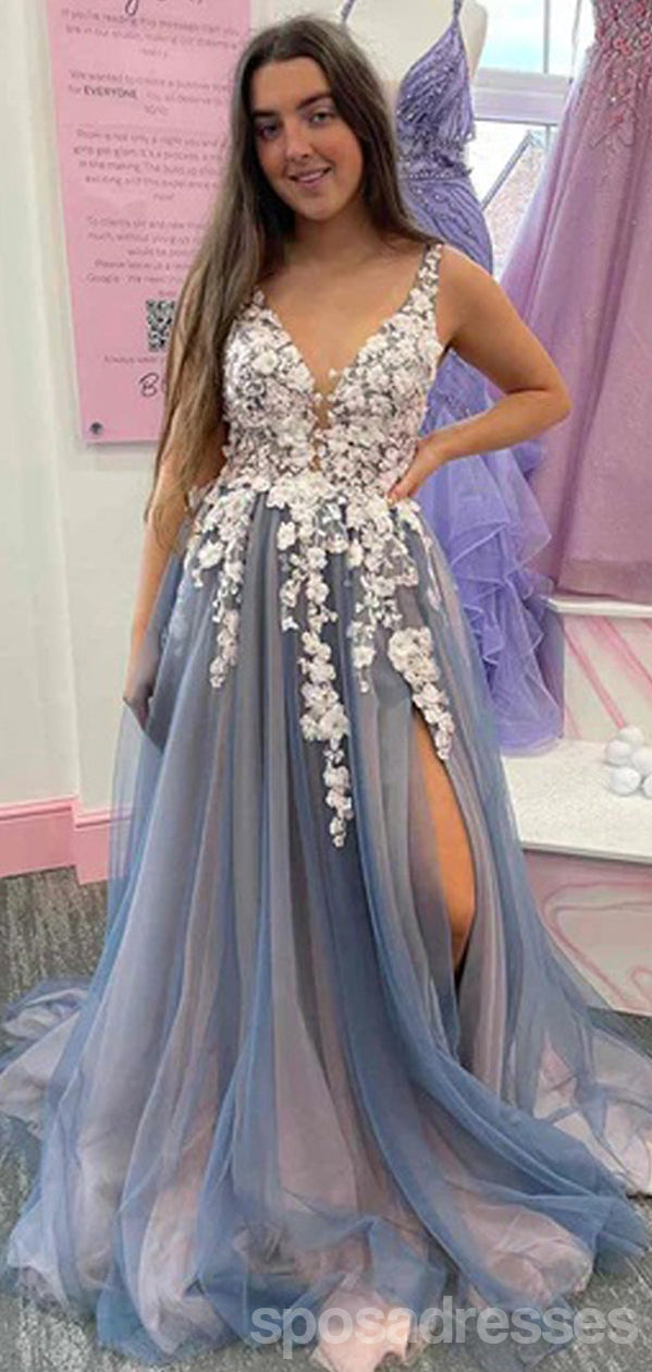 Elegant Blue A-Line V-Neck High Slit Sleeveless Long Prom Dress for Women - Perfect for Homecoming, Evening Gala & Formal Events | Style 13066