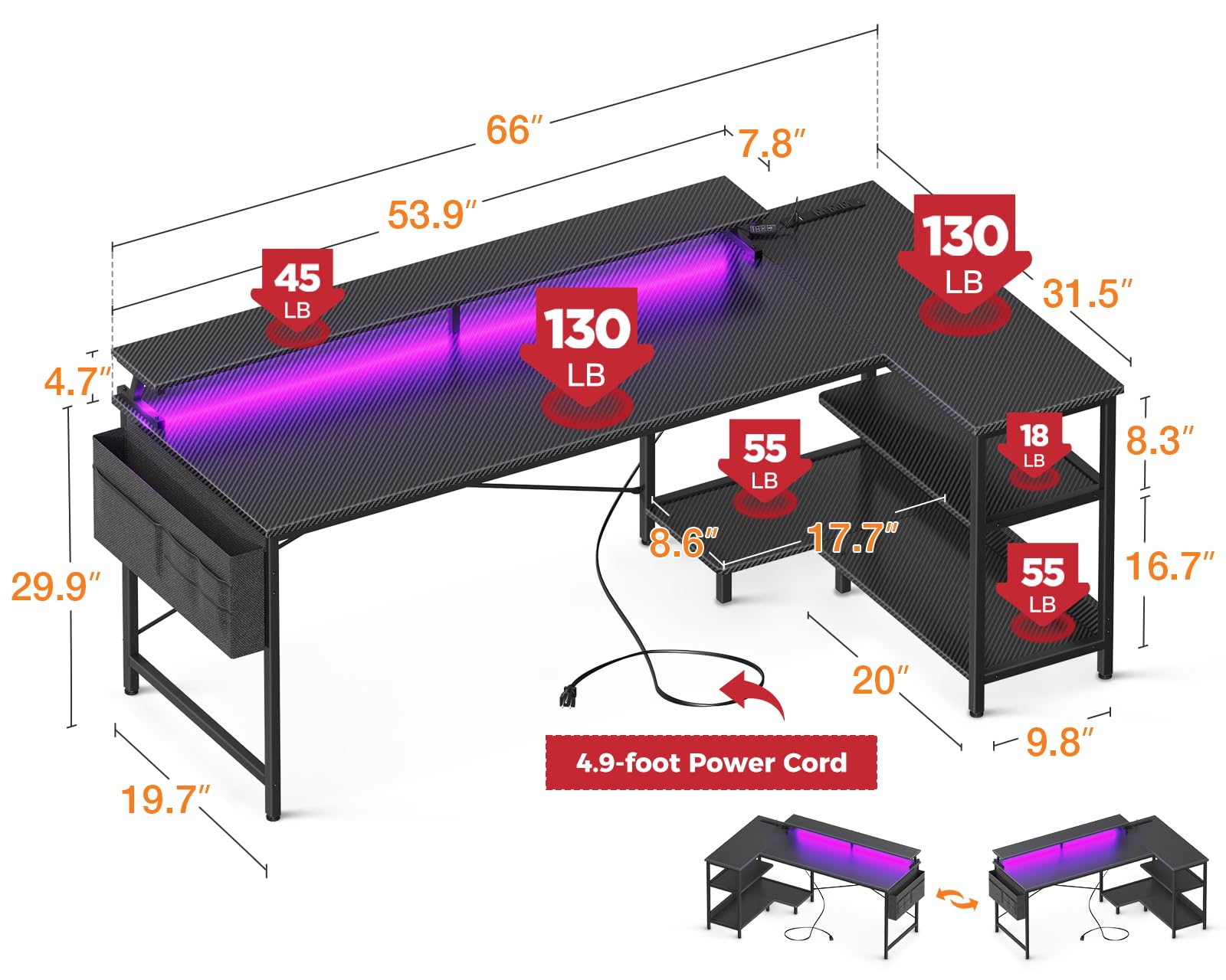 ODK 66 Inch L-Shaped Gaming Desk with USB Charging Ports, LED Lights & Power Outlets - Reversible Corner Computer Desk with Storage Shelves & Monitor Stand in Carbon Fiber Black - Perfect for Gamers, Streamers & Home Office Setup