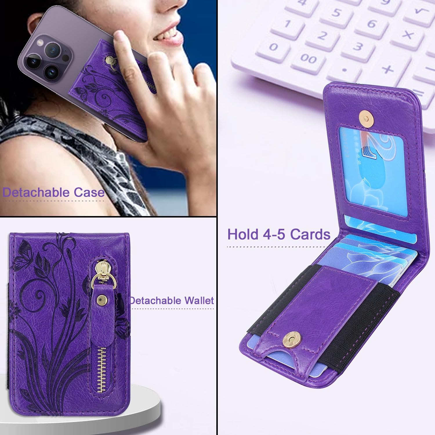 Stick-on Zipper Card Holder with Kickstand for iPhone, Samsung, Moto & Most Phones - Butterfly Purple | Adhesive Back Phone Wallet for Credit Cards & ID | Perfect for Travel, Shopping & Everyday Use