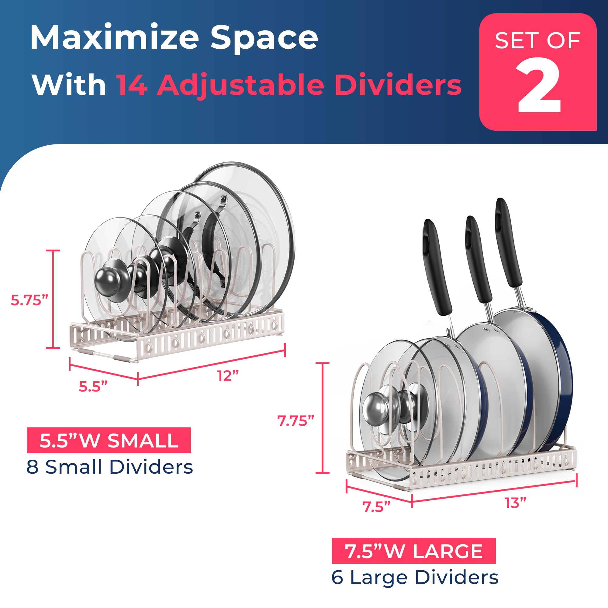 14-Compartment Dual Rack Set - Large & Small Cabinet Organizer for Pots, Pans & Lids - Space Saving Kitchen Storage Solution for Under Sink, Pantry or Drawer (Off White, DUO SET) - Perfect for Small Kitchens & Cluttered Cabinets