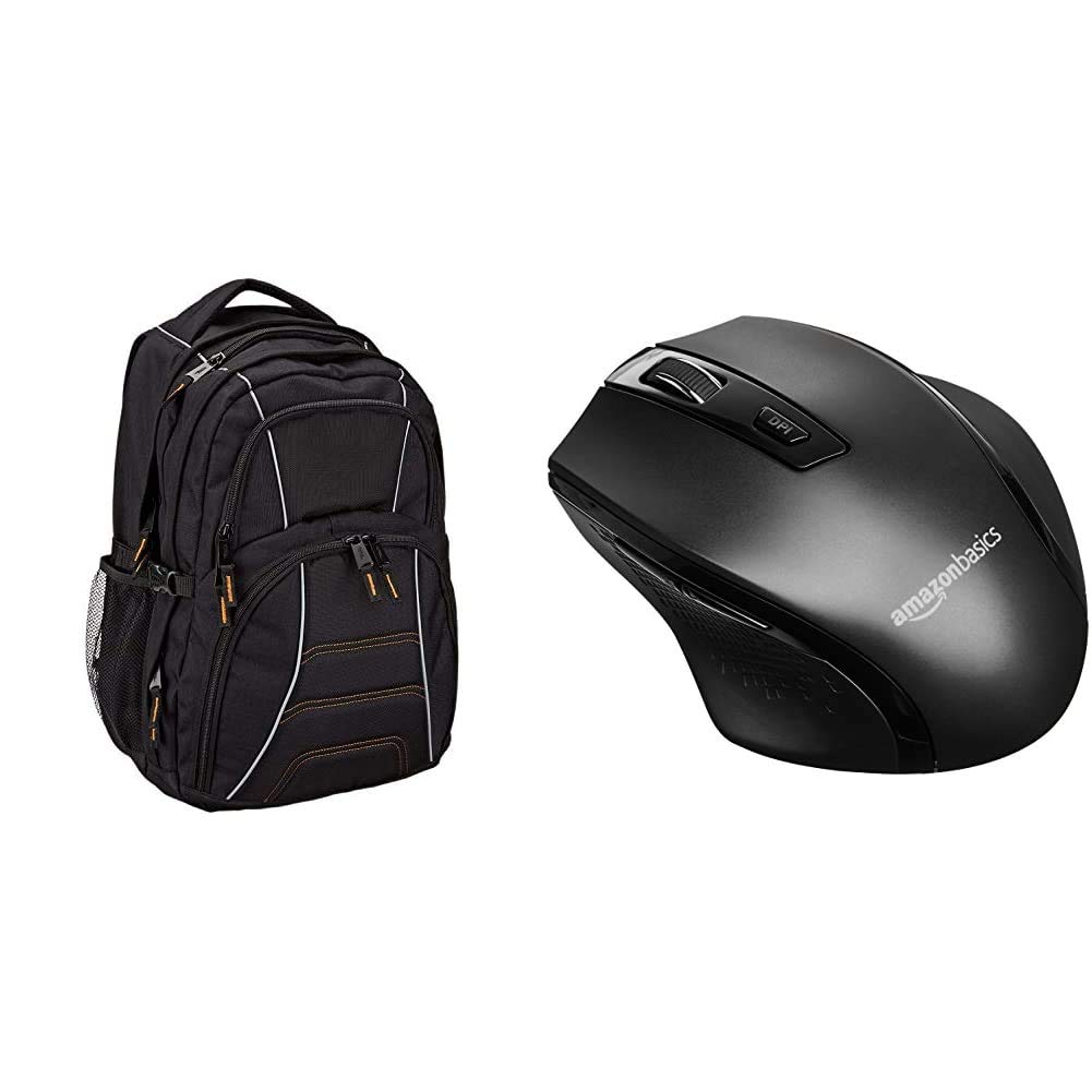 AmazonBasics Laptop Backpack with Padded Shoulder Straps & Multiple Compartments + Ergonomic Wireless Mouse with Adjustable DPI - Perfect for Work, School & Travel (Black)