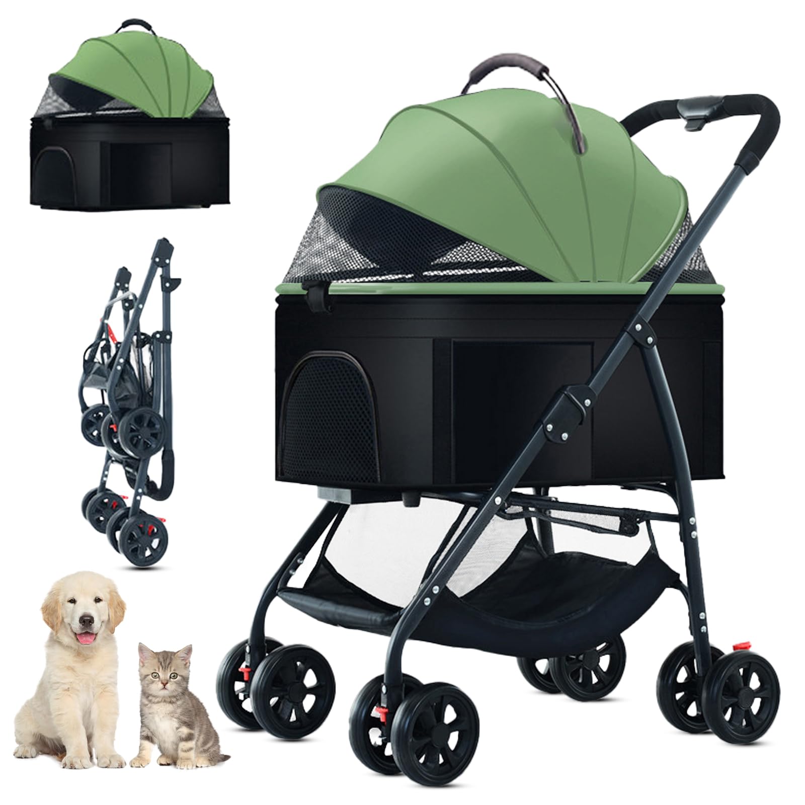 3-in-1 Pet Stroller for Dogs & Cats - Removable Carrier Dog Wagon for Medium Pets Up to 55lbs - Lightweight & Foldable Green Pet Stroller - Perfect for Travel, Vet Visits & Outdoor Adventures