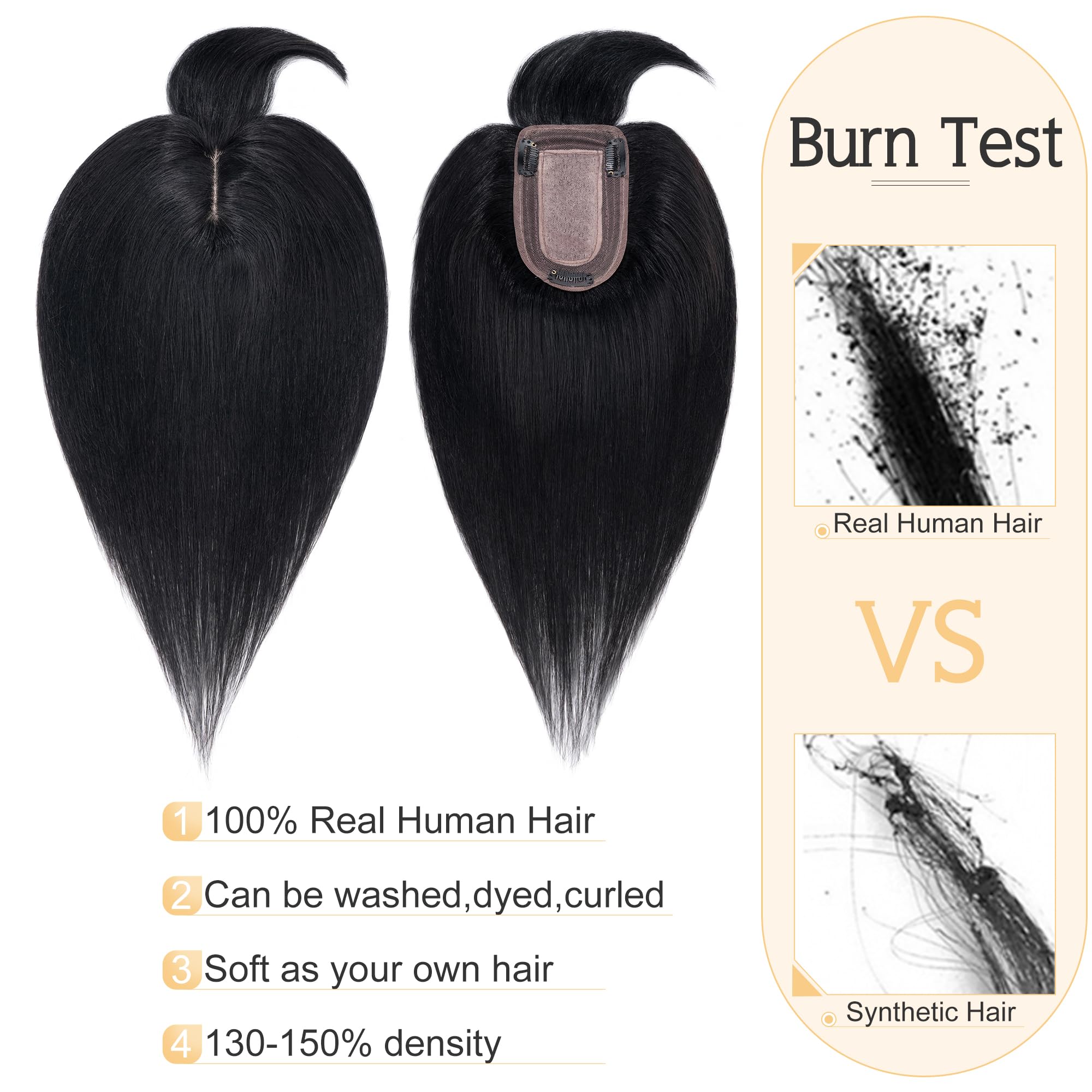 SEGO Real Human Hair Toppers for Women with Bangs - 7x13cm Silk Base, 100% Remy Human Hair Clip-in Top Wiglet for Thinning Hair (18 Inch, Jet Black) - Perfect for Daily Wear, Special Occasions & Hair Volume Enhancement