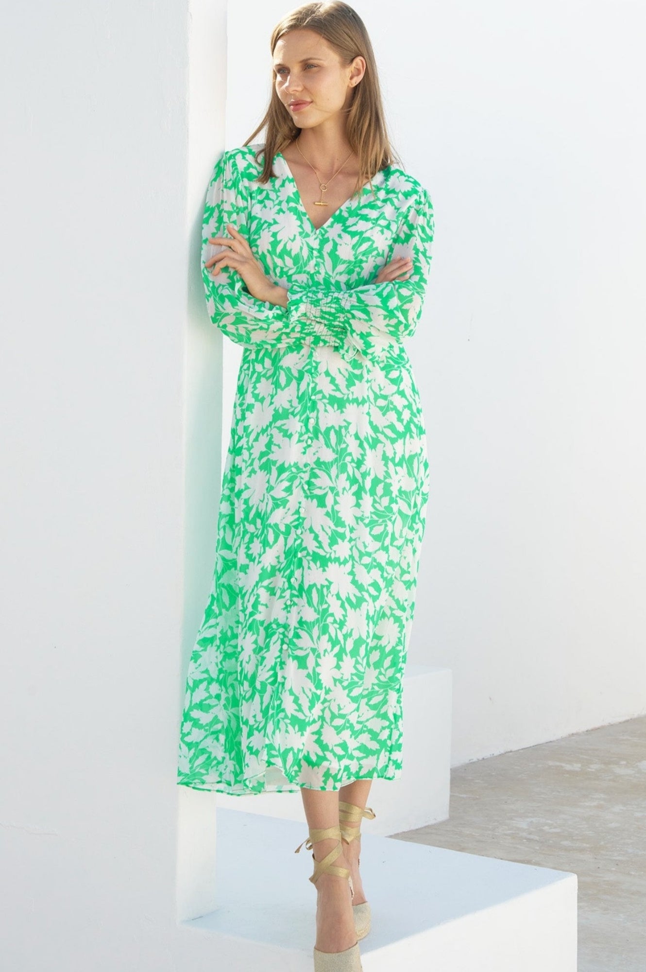 Long Sleeve Sally Anne Dress | Clematis Vines Green/Ivory Floral Print Women's Vintage Style Dress - Perfect for Weddings, Tea Parties & Special Occasions