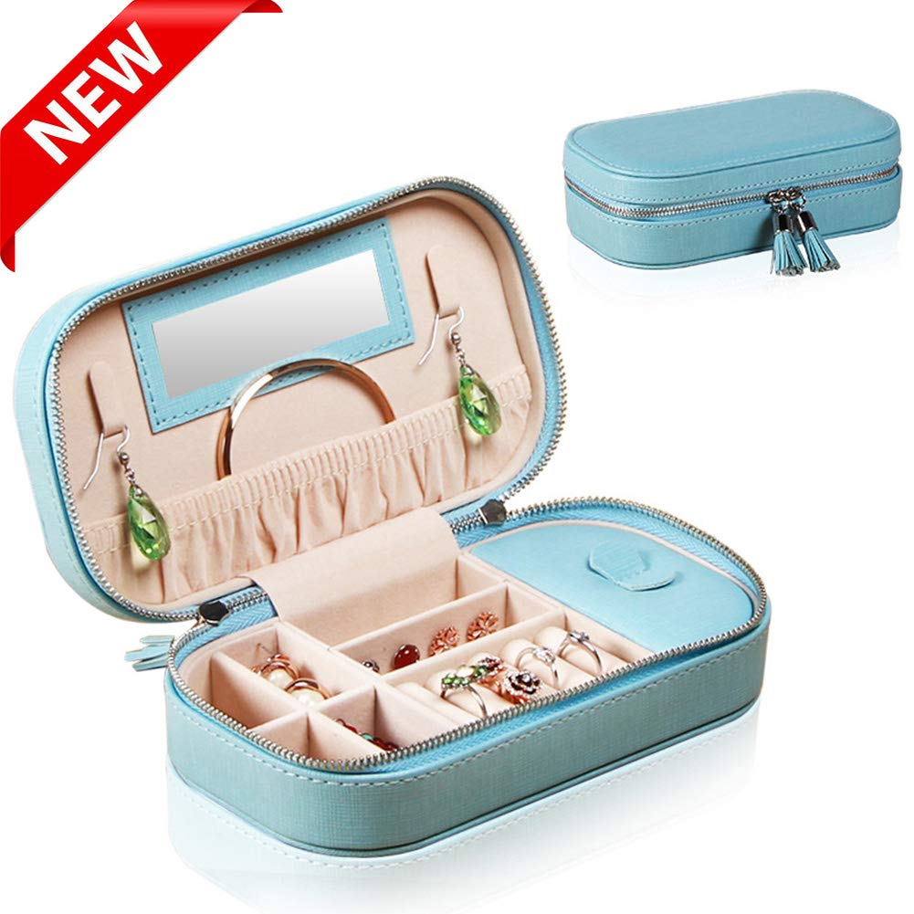 ZYQDRZ Jewelry Storage Box - Portable Travel Jewelry Organizer for Earrings, Necklaces & Rings - Compact & Stylish Blue Jewelry Case - Perfect for Travel, Gifts & Home Organization
