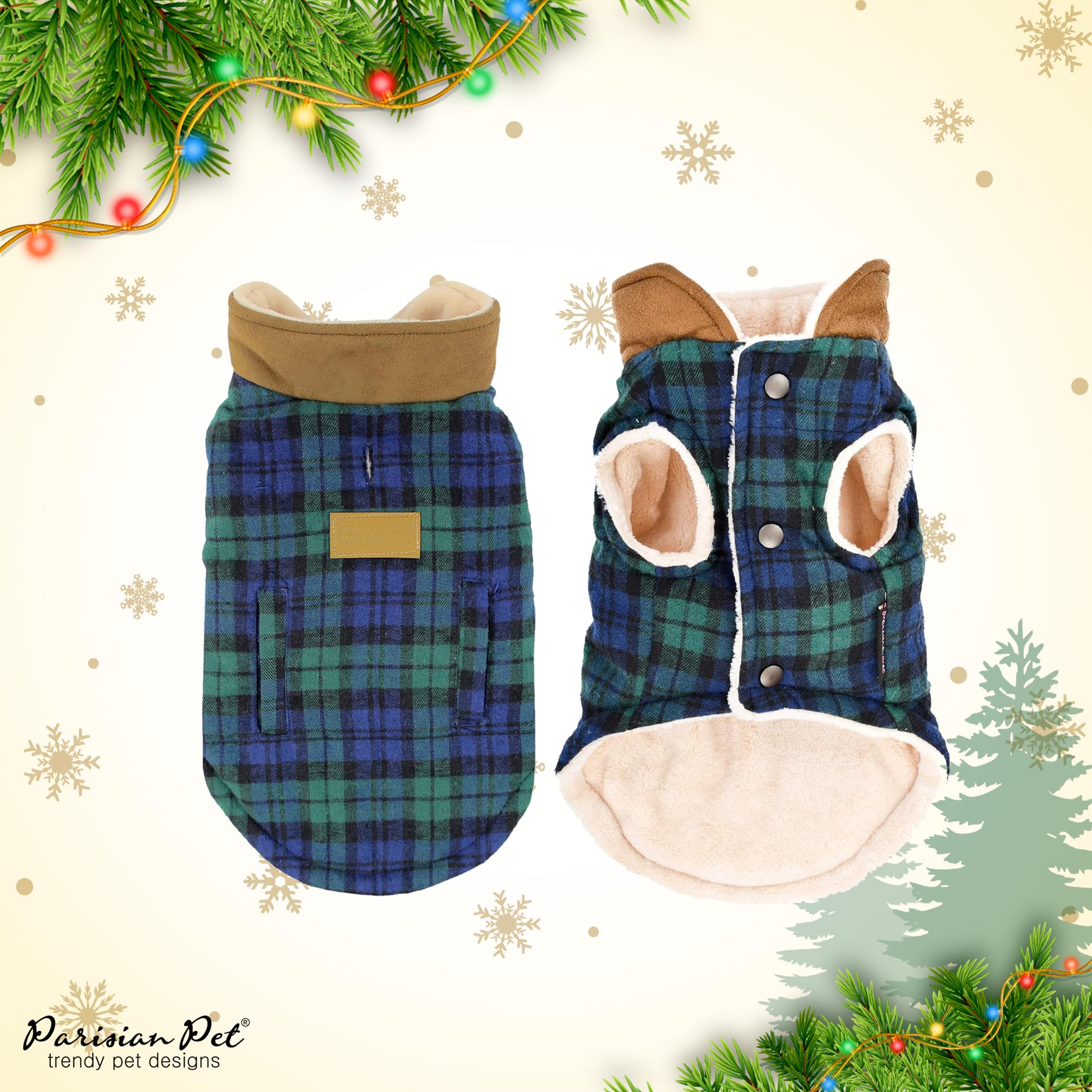 Parisian Pet Dog Jacket - Scottish Green Plaid Windproof Winter Coat for Medium Dogs | Warm Fleece-Lined Dog Vest | Cold Weather Protection | Perfect for Outdoor Walks, Winter Adventures & Holiday Photos