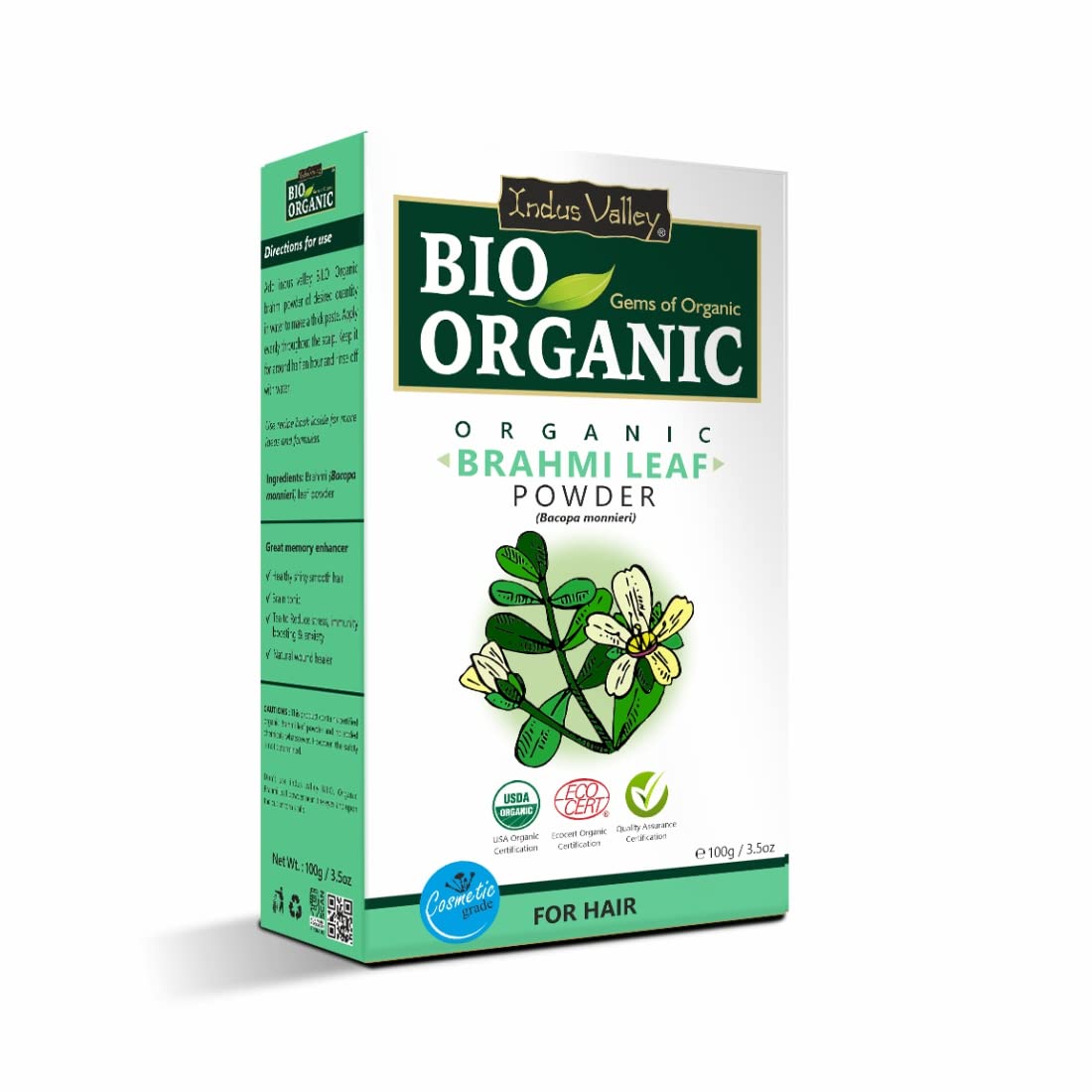 INDUS VALLEY 100% Organic Brahmi Powder | Bacopa Monnieri for Hair Growth & Scalp Care - Natural Ayurvedic Hair Treatment (100g) | Promotes Healthy Hair, Reduces Dandruff & Stimulates Follicles - Perfect for DIY Hair Masks & Ayurvedic Hair Care Routines