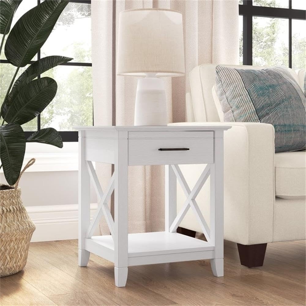 BOWERY HILL White Farmhouse End Table with Storage - Rustic Engineered Wood Nightstand for Living Room, Bedroom & Home Decor