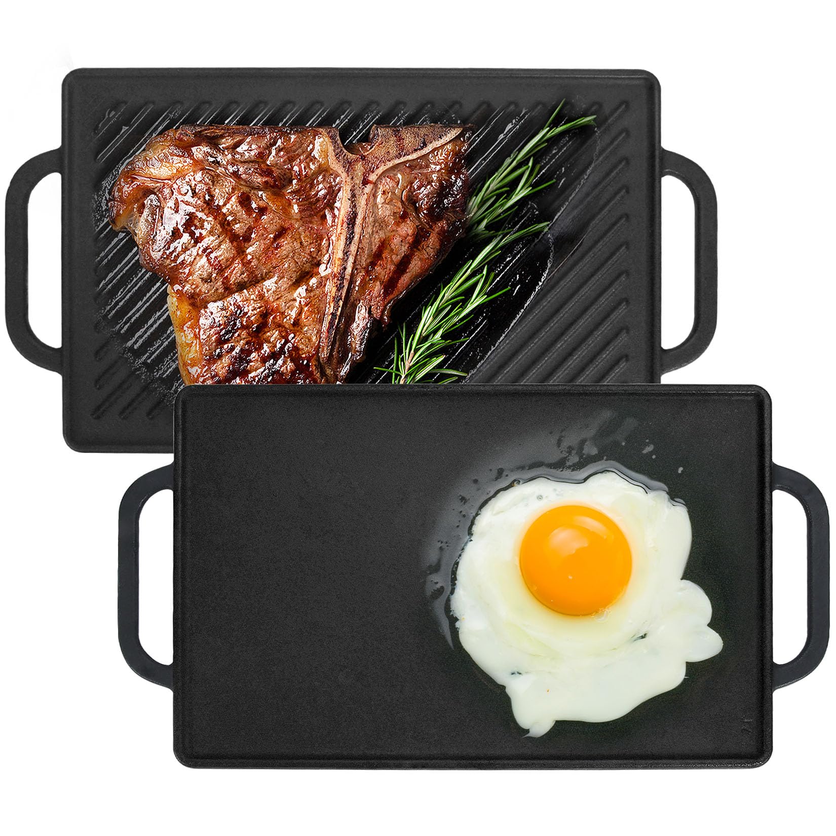 GasSaf 13x8.25 Inch Double Burner Cast Iron Griddle - Reversible Grill Pan for Stovetop, Gas Grill & Outdoor Camping | Heavy Duty Flat Cooking Surface for Pancakes, Steaks, Burgers & More | Perfect for Home Kitchen, BBQ & Backyard Cooking