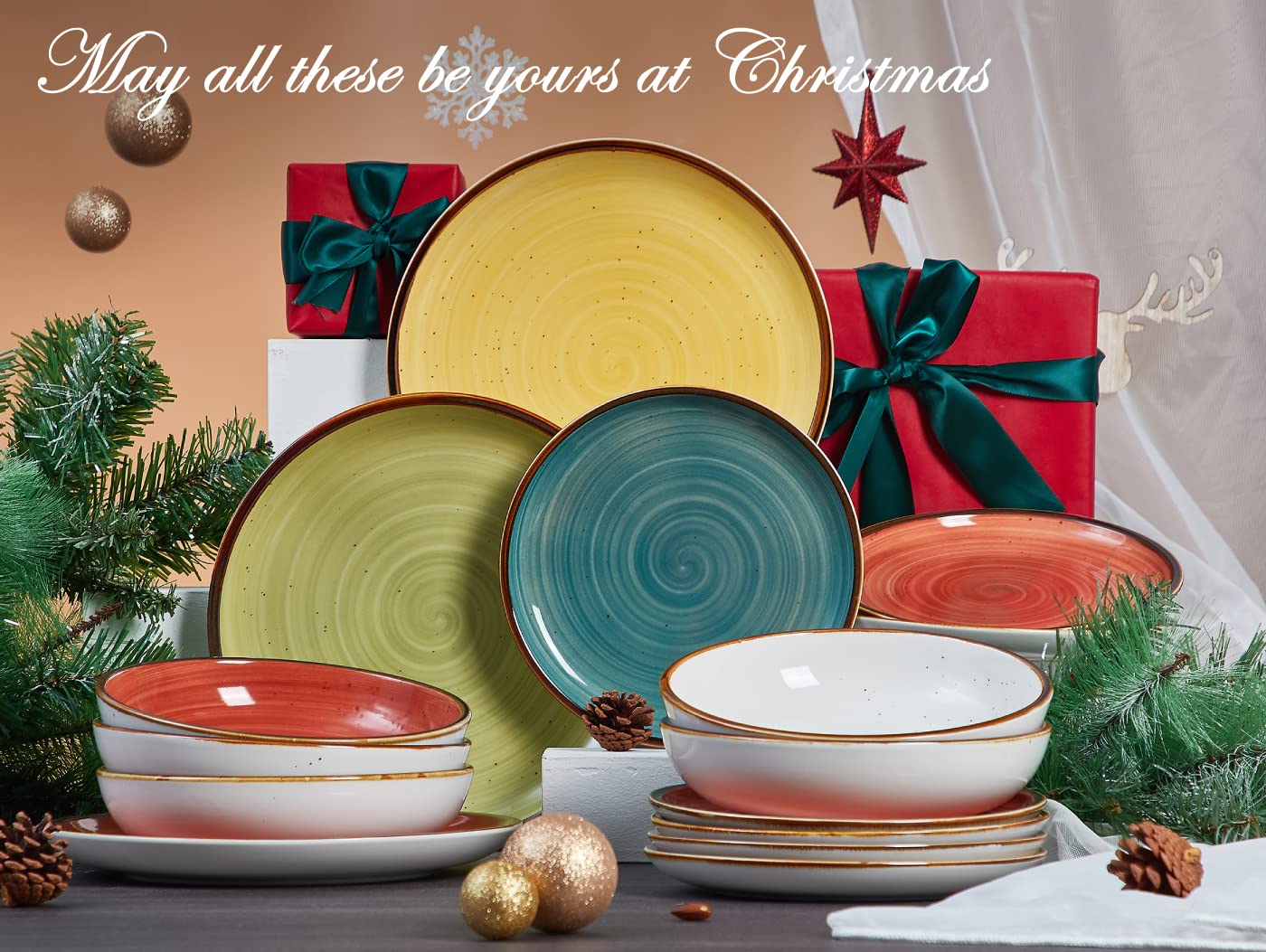 ONEMORE 12-Piece Porcelain Dinnerware Set - Microwave, Oven & Dishwasher Safe Plates & Bowls for Everyday Dining, Entertaining & Restaurant Use