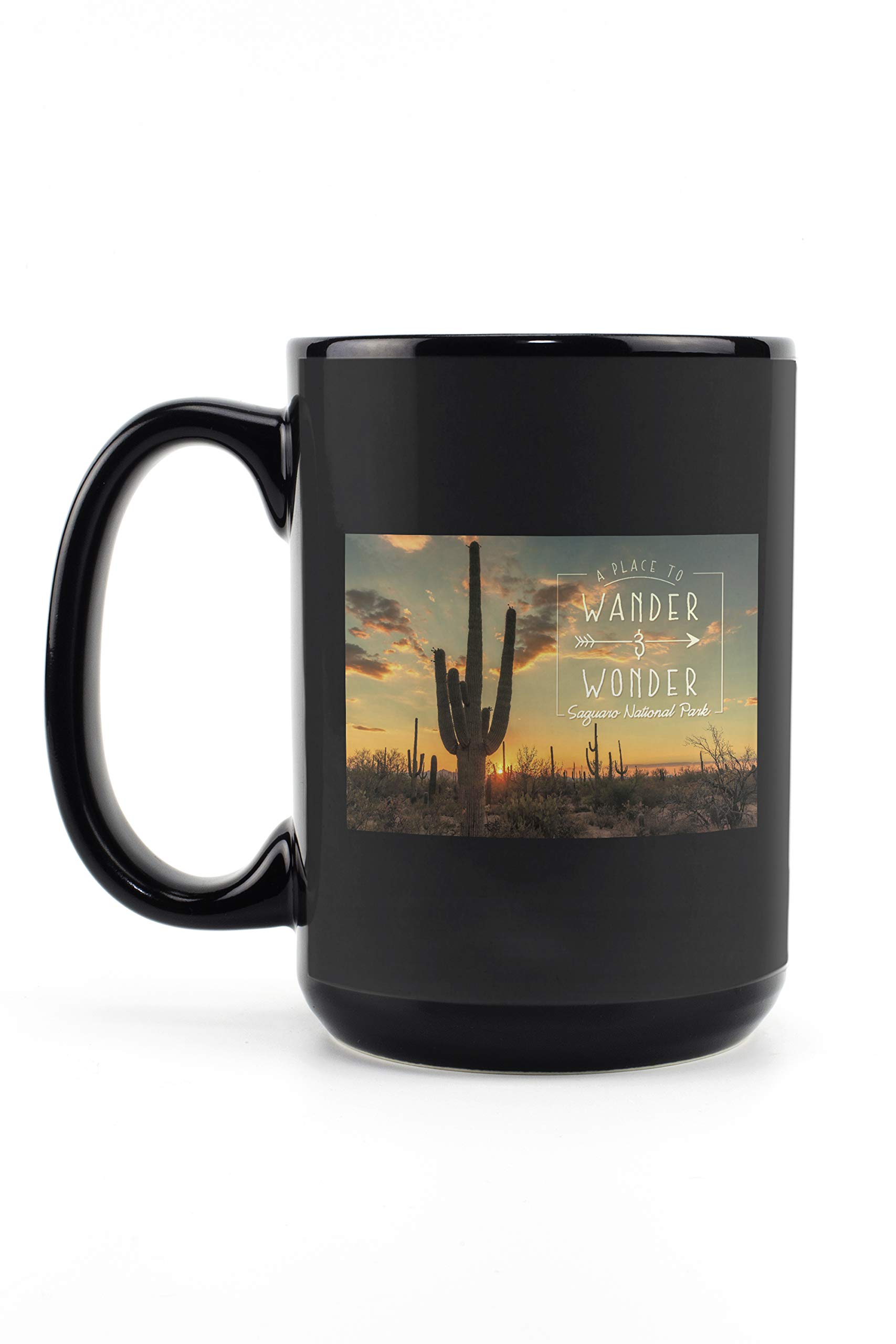 Lantern Press Saguaro National Park Arizona 15oz Black Ceramic Coffee Mug - Microwave & Dishwasher Safe Travel Mug for Camping, Office & Home Use