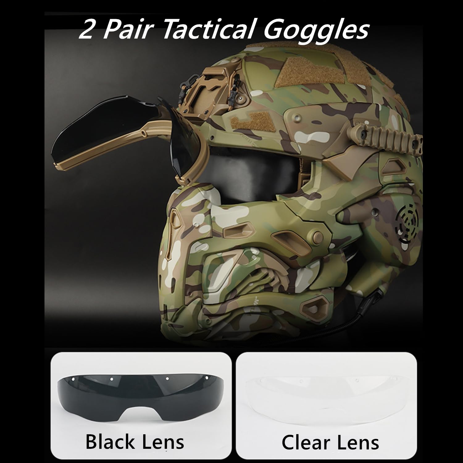 iMeshbean Tactical Airsoft Helmet with Paintball Full Face Mask - Built-in Headset, Goggles & Anti-Fog Fan - Military Style Protective Gear for Outdoor Airsoft, CS Games, Hunting & Tactical Training (Black)